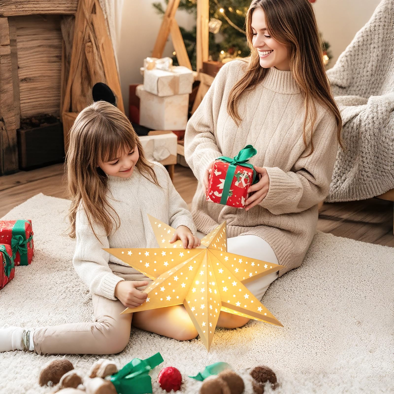 Lewondr Weihnachtsstern Beleuchtet 3 Stück, 45cm Papiersterne Weihnachten | Hängende Sternenlichter mit Ausgeschnittenen Sternen, LED Stern mit Fernbedienung, Weihnachtsdeko Papierstern für Innen
