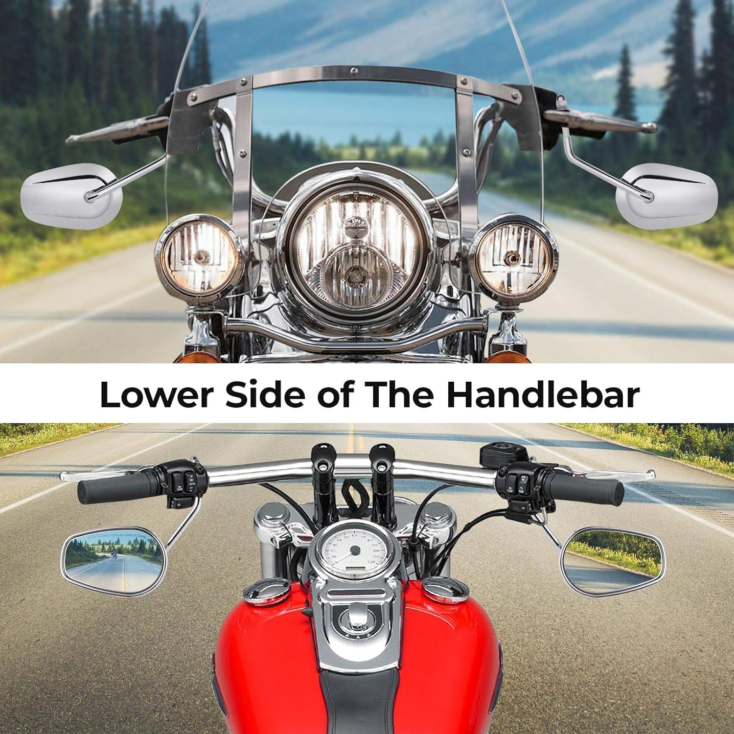 Motobiker Motorcycle Mirrors Compatible with Harley-Davidson Road King Sportster Street Glide Electra Glide Dyna Softail Road Glide 1982-2022 (Chrome)