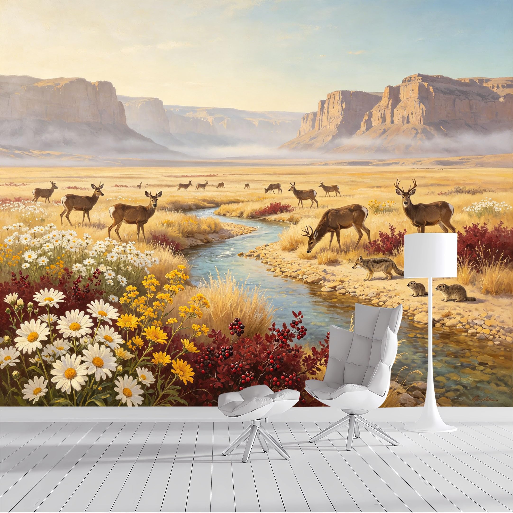 Custom Size Wall Mural Wildlife Landscape Deer Stream Oil Painting SelfAdhesive Wall Fabric Removable Peel and Stick Wallpaper Wall Decor for Living Room Bedroom Bathroom