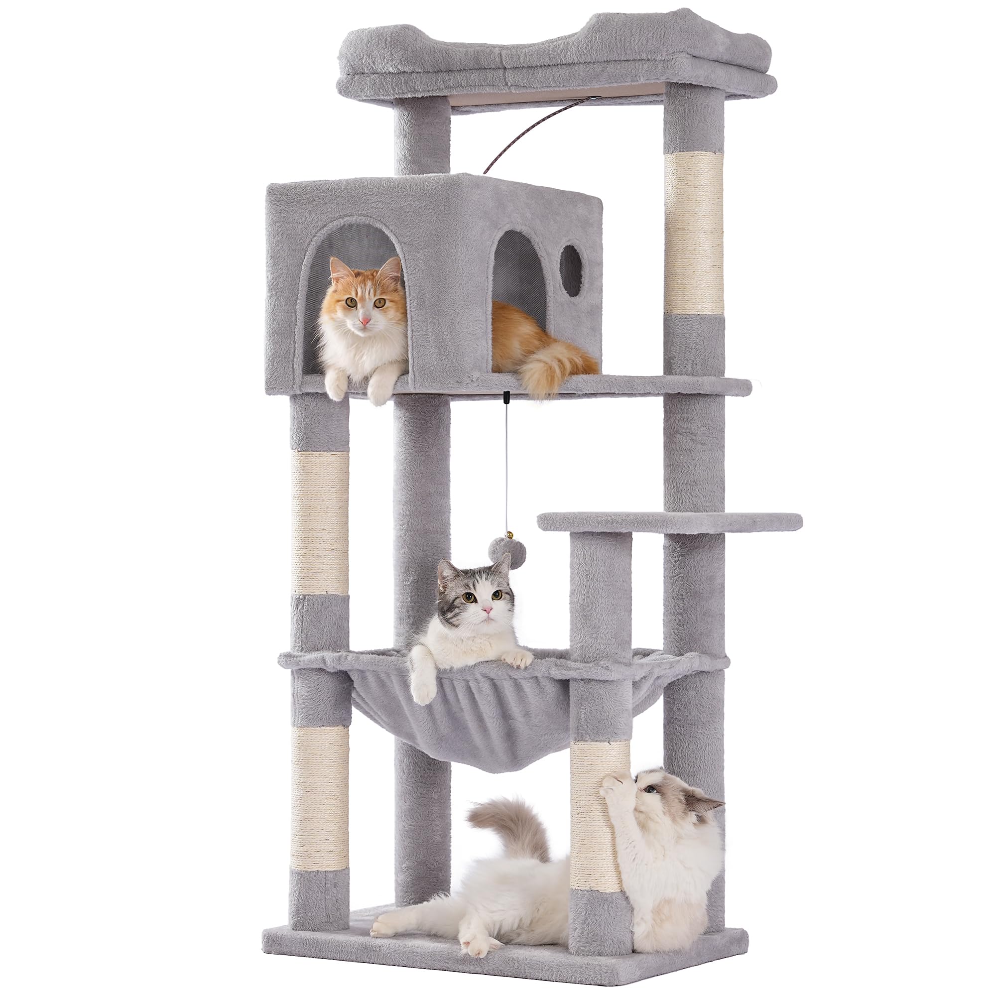 Pawfessor 54โ Cat Tree with Big Hammock 21x17โ Adult Cat Tower with Scratching Posts Featuring Large Top Bed, Scratcher Pad, Spacious Condo House and Detectable Ball for Indoor Cats-Large Gray