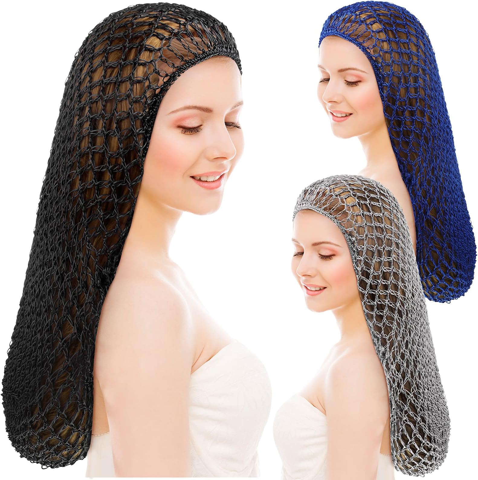 Waydress 3 Pcs Mesh Crochet Hair Nets Rayon Knit Snood Hat Cover 20 Inch Crocheted Sleeping Cap for Women Long Curly Hair