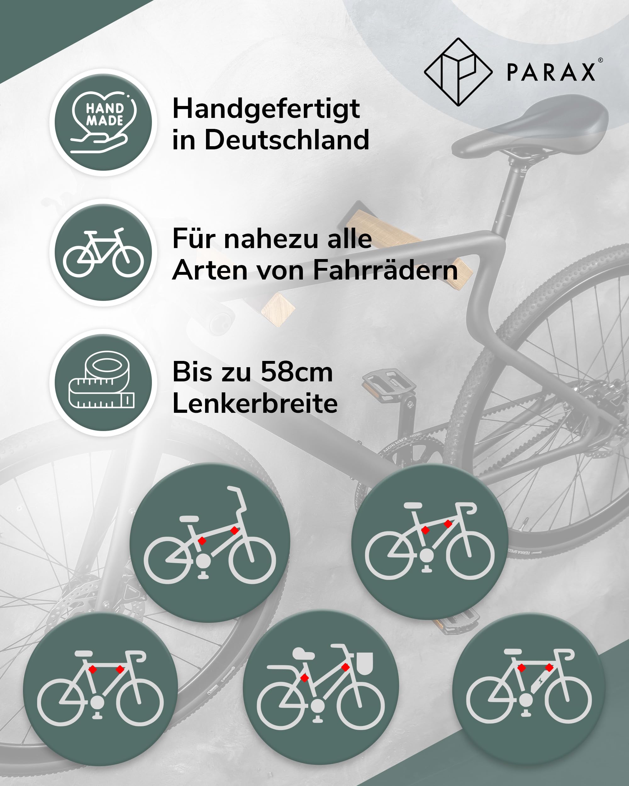 PARAX Fahrrad Wandhalterung - Holz und Fahrradschlauch - Fahrradträger Sticks bis 20 kg - Indoor Fahrrad Aufbewahrung