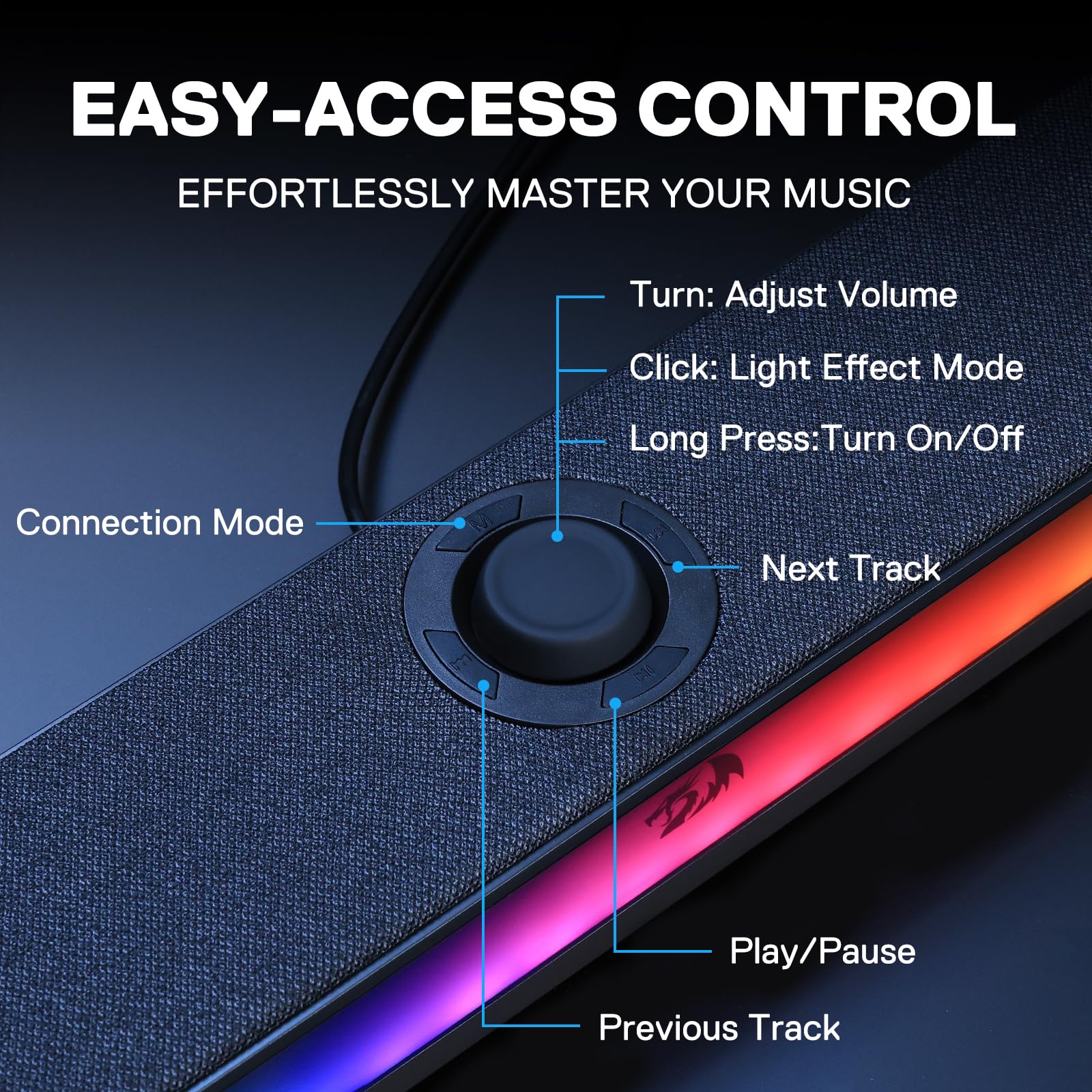 Redragon GS515 RGB Desktop Soundbar, Altoparlanti stereo per computer a 2.0 canali per desktop con BT 5.3, alimentazione USB-C/USB (nero) | 6 effetti di luce dinamici, connettività wireless e cablata, design compatto, Plug & Play USB Powered PC Gaming Spe