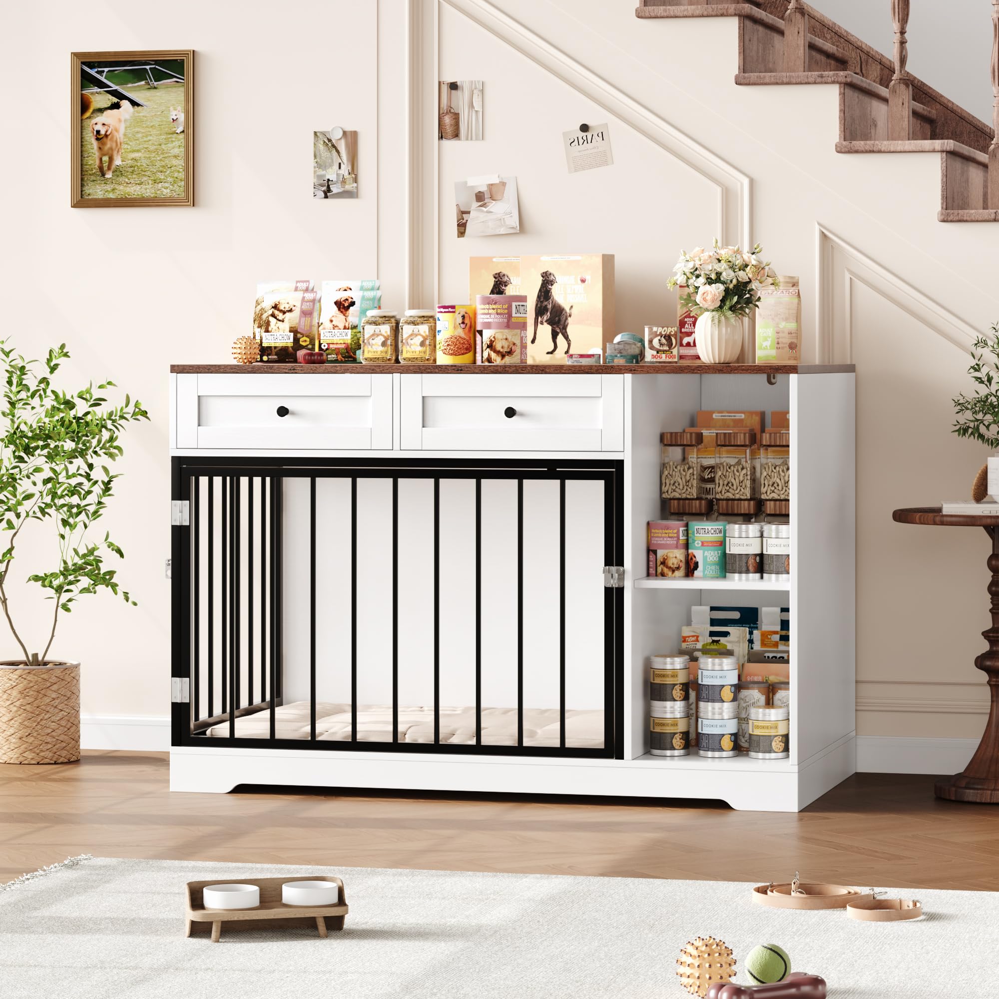 FirFurd 120 cm Jaula para Perros, Jaula Perro Grande, Caseta Perro, para Perros Pequeños y Medianos, para Interior, Metal y Madera, con 2 Cajones (Marrón y Blanco)