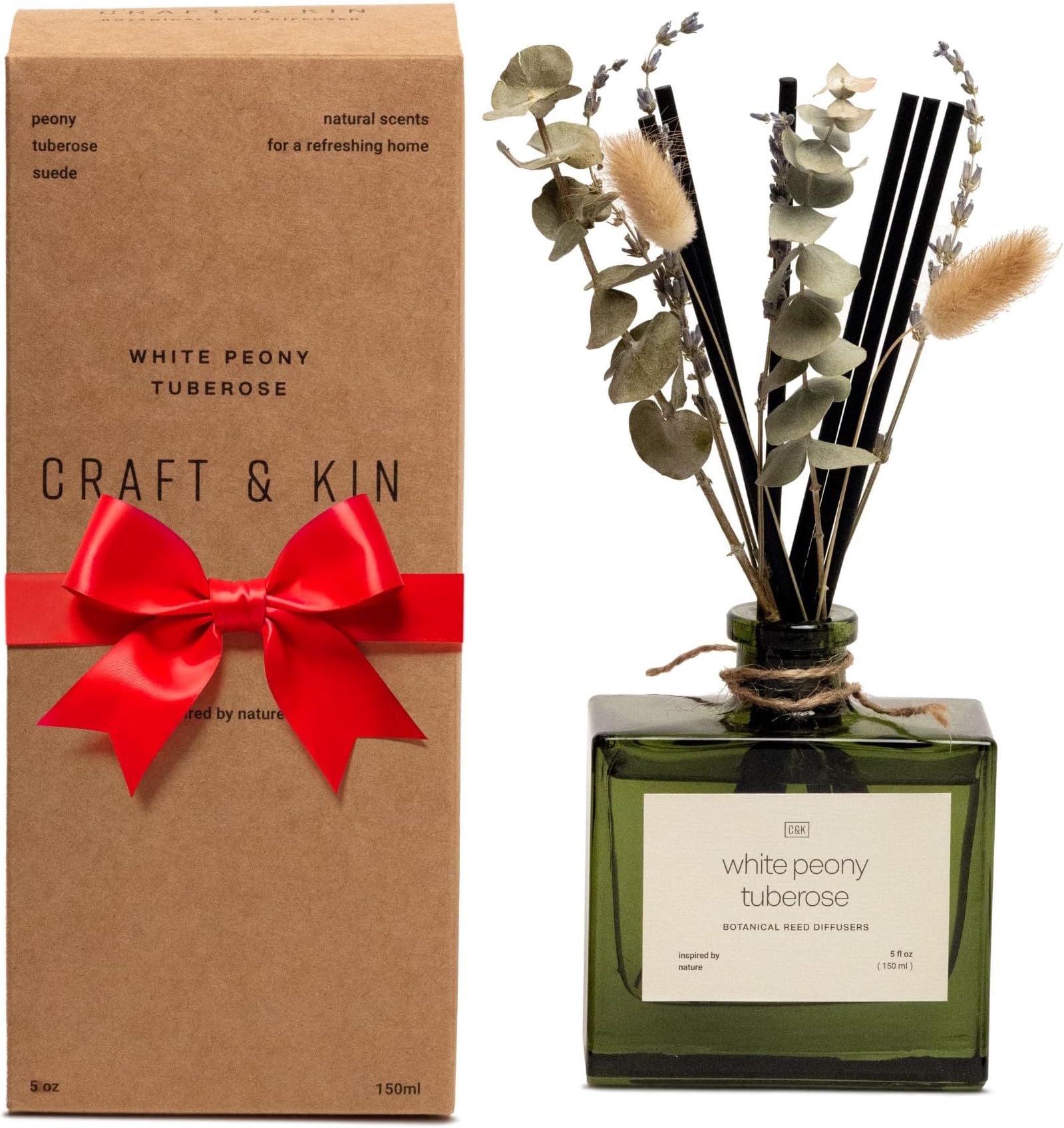 Craft & KinReed Diffuser with Dried Flowers | 5 oz White Peony & Tuberose Scented Reed Diffusers for Home, Bathroom | Scent Sticks | Elegant Fragrance Home Decor for Men & Women
