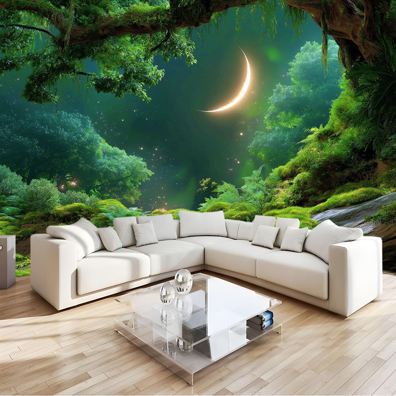 Art Murals Fototapete Schlafzimmer - Fantasie Wald Mond Moos Wandtapete Aufkleber für Wohnzimmer Küche, Olivgrün 3D Tapete Mural Kinderzimmer TV Hintergrund Wandtapete, 250 x 175 cm