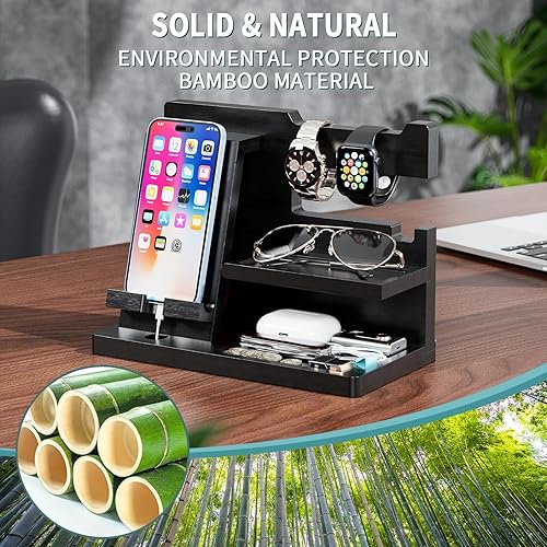 Miniatura 2 de Yirilan Wood Phone Docking Station for Man, Nightstand Charging Organizer and Cell Phone Stand, Birthday Gifts for Men, Dad, Anniversary, Key Black