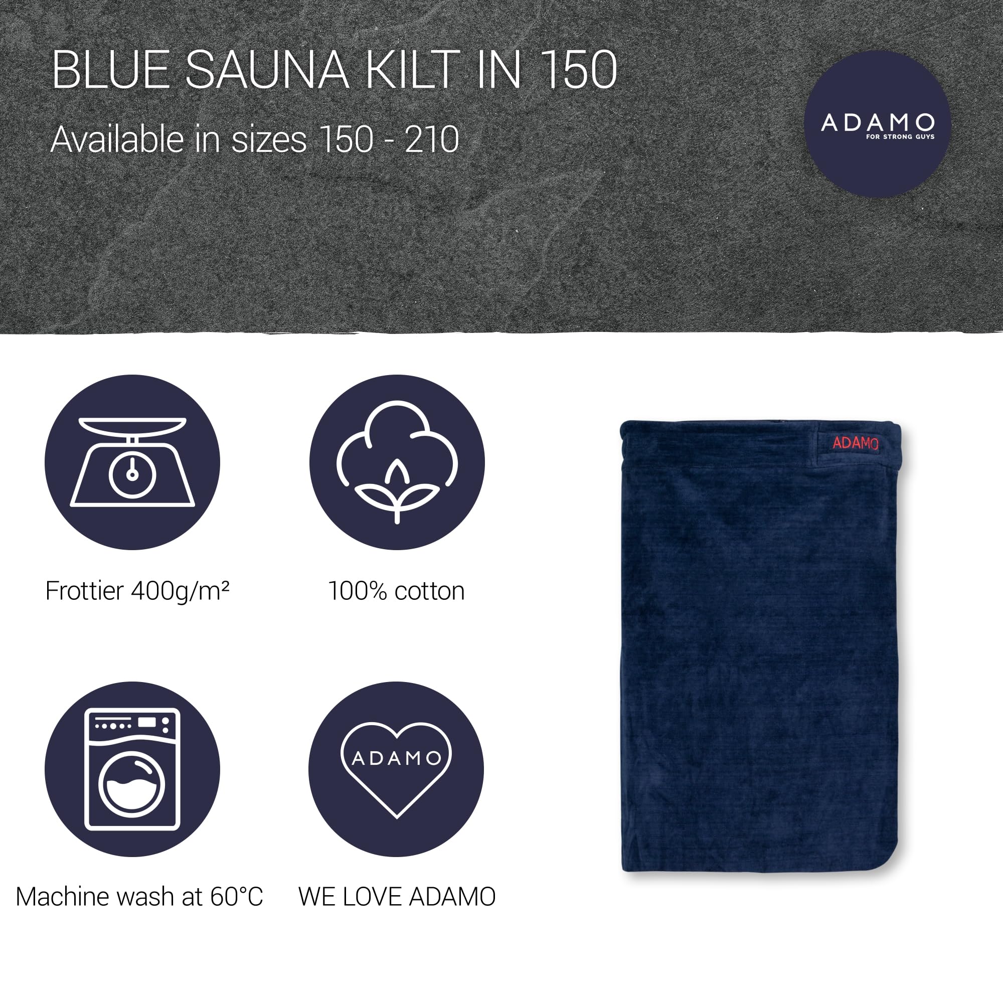 ADAMO XXL sauna kilt dark blue for men in oversize with velcro closure Size:210, Navy, 65 x 210 cm - Image 3