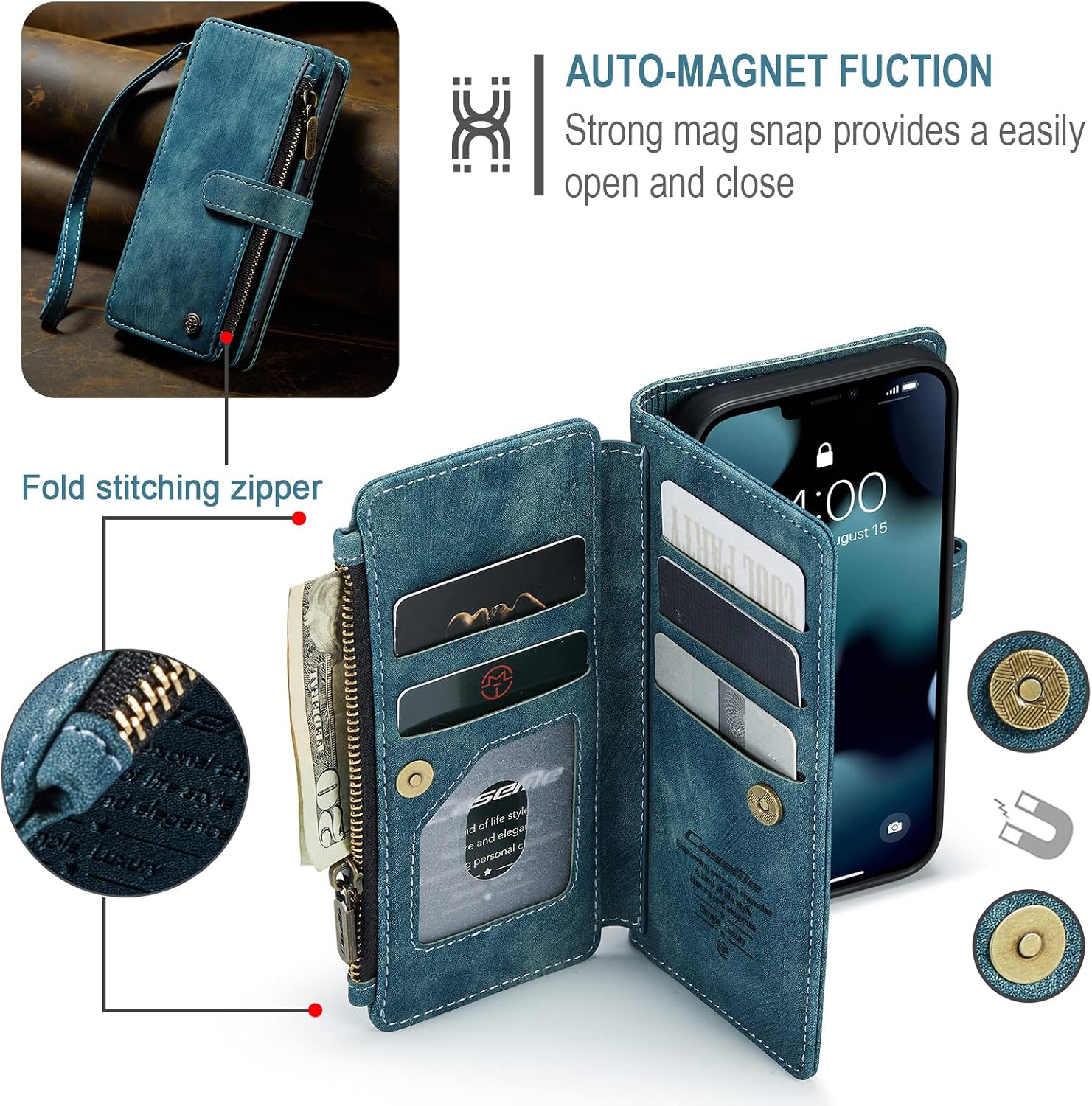 iPhone 13 5G Wallet Case with Card Holder Kickstand Magnetic Zipper Pocket Lanyard Strap Wristlet,Leather Flip Case Wallet for iPhone 13 5G 6.1 Inch (Blue)