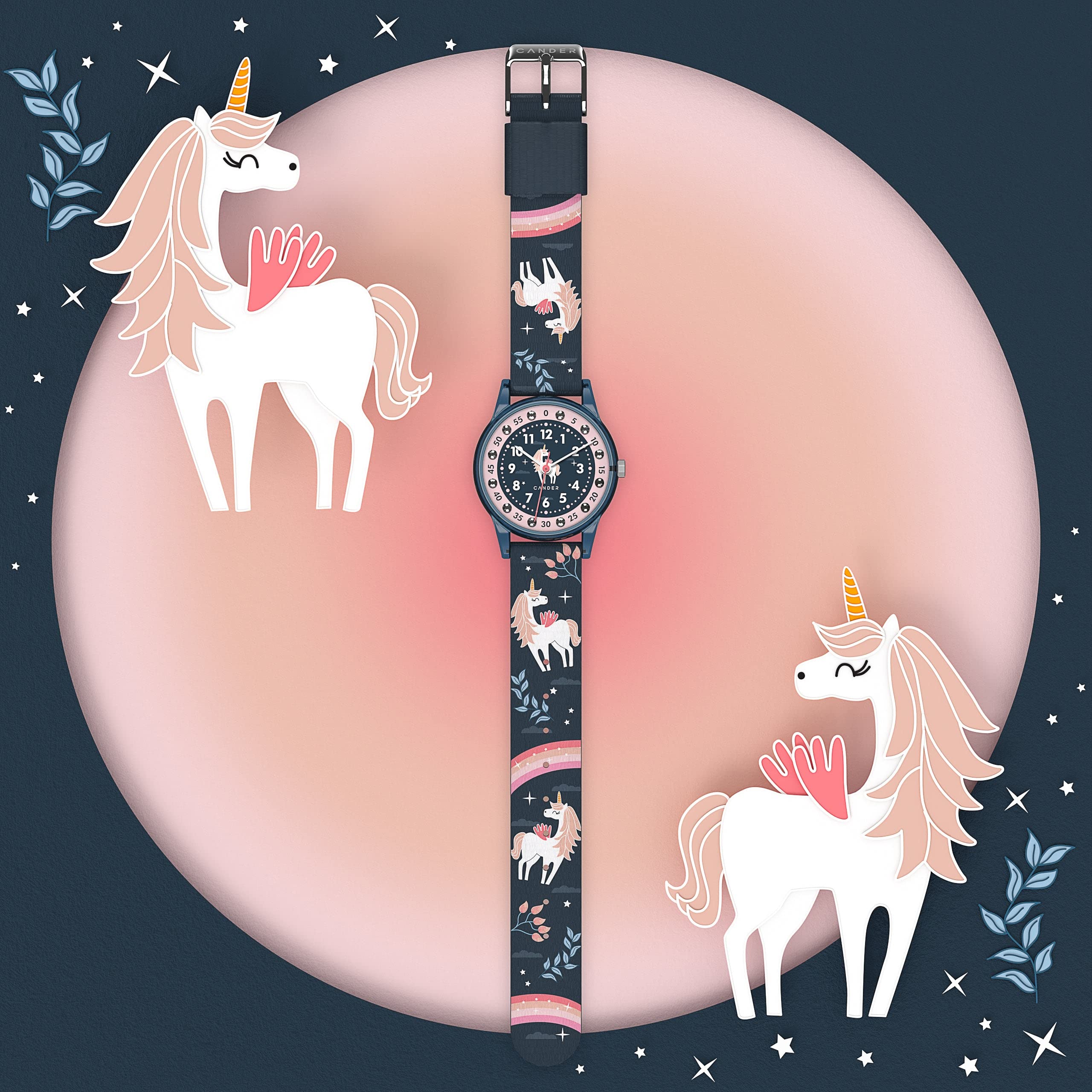 Cander Berlin MNA 4030 M Montre pour enfant 3 ATM étanche Montre garçon fille Montre d'apprentissage analogique turquois Licorne
