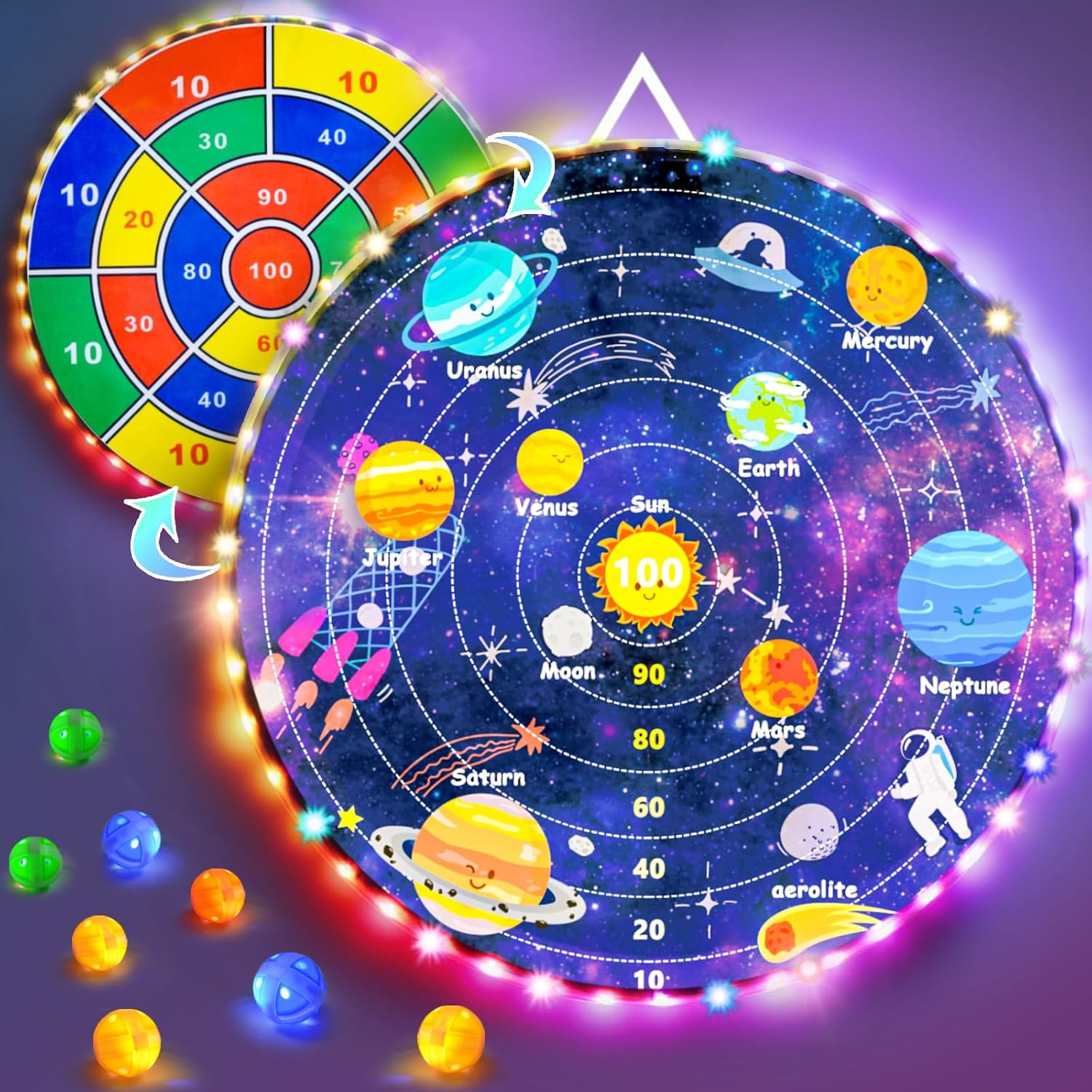2 in 1 29" Large LED Dart Board for Kids, Kids Dart Board with LED Sticky Balls for Boy Toys, Indoor & Outdoor Sport Fun Party Kids Toys Games,Gifts for 4 6 8 10 12 Year Old Boys&Girls Universe