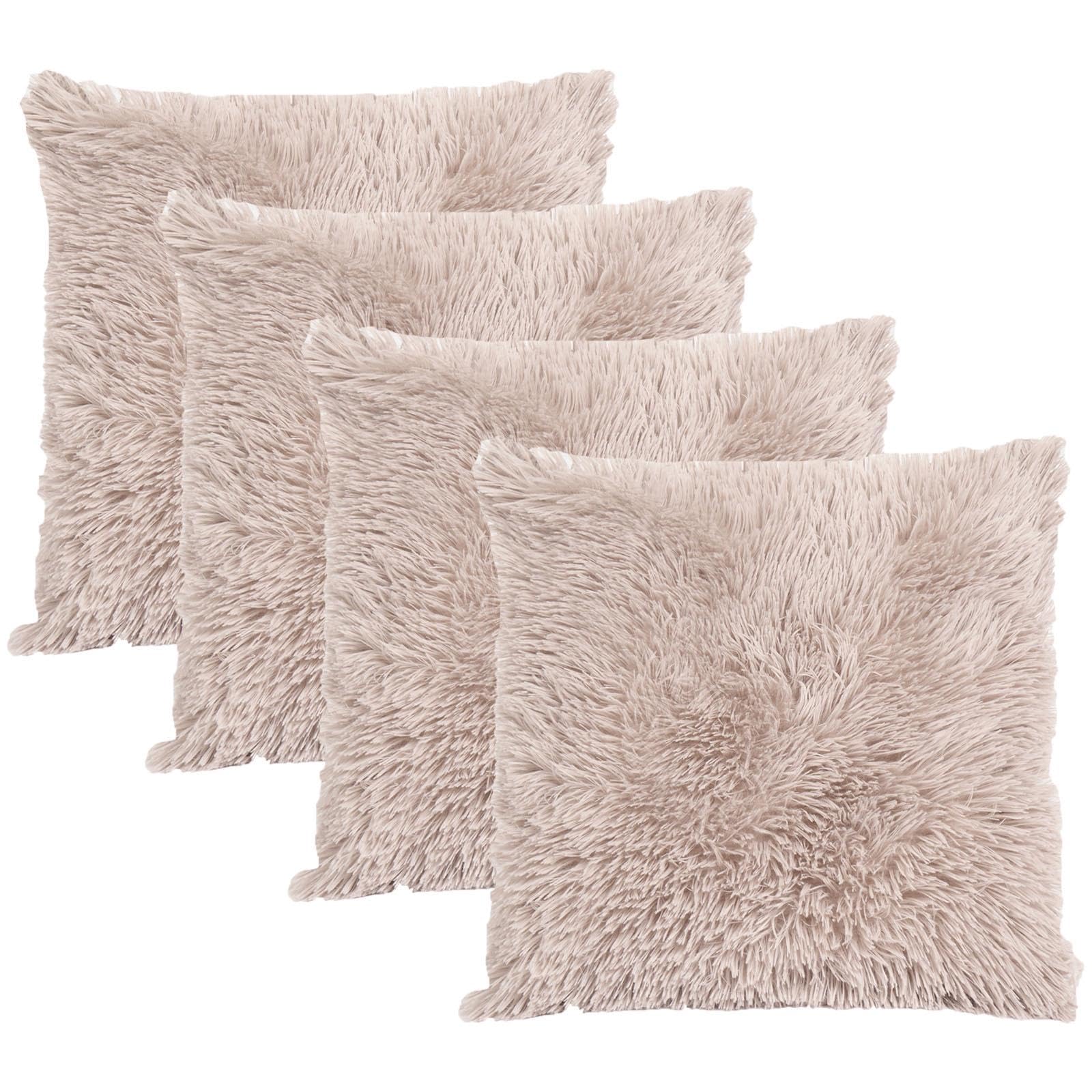 Sienna Natural Brown Cushion Covers Fluffy Throw Pillowcases 4 Pack, Super Soft Comfy Fabric Modern Neutral Stone Luxury Pillow Covers For Livingroom Sofa Bed, 45X45cm-Natural
