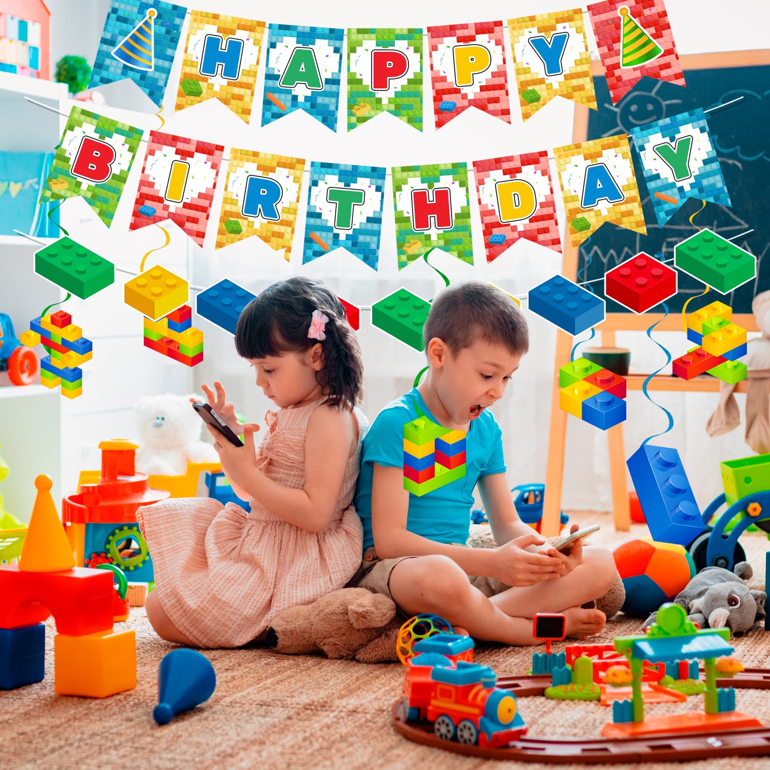 Building Block Party Decorations Banner Swirls, 7 Pcs Building Blocks Hanging Swirls Decoration - Image 2