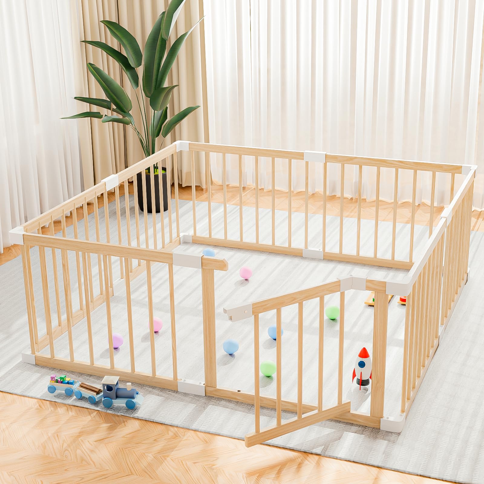 Baby Laufstall aus Holz mit Tür & Sicherheitsverschluss - Robustes Laufgitter zum Zusammenbauen, individuell formbares Krabbelgitter & Absperrgitter für Babys und Kleinkinder(135 * 134 * 61 cm)