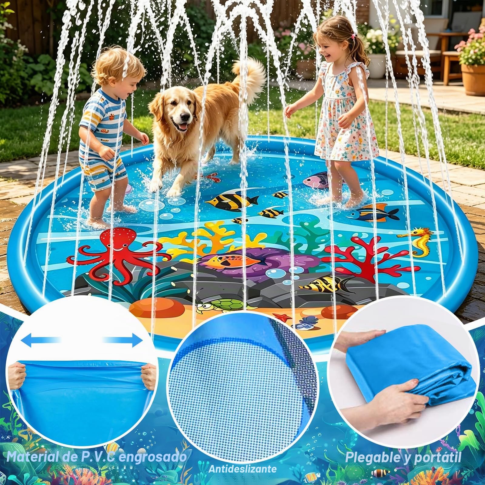 170cm Splash Pad, Alfombra de Juego de Agua, Juguete Acuático de Verano, Juego de Agua de Aspersión al Aire Libre para Niños y Mascotas, para Actividades al Aire Libre, Fiestas en la Playa
