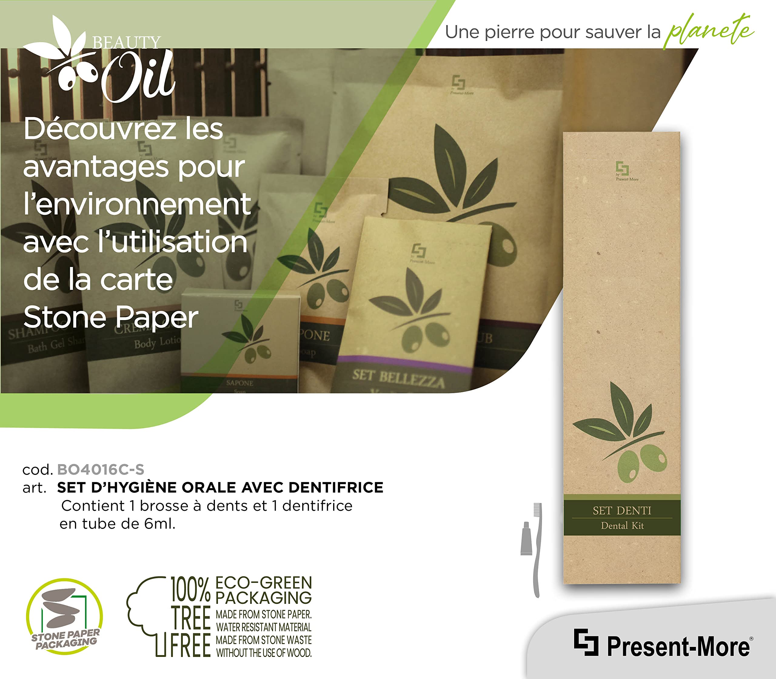 PRESENT-MORE - Brosse à Dents 100 Pièces - Ligne Beauty Oil - Kit Brosse à Dents et Dentifrice de 6ml - Emballage Écologique en Stone Paper - Idéal pour Hôtels et B&B