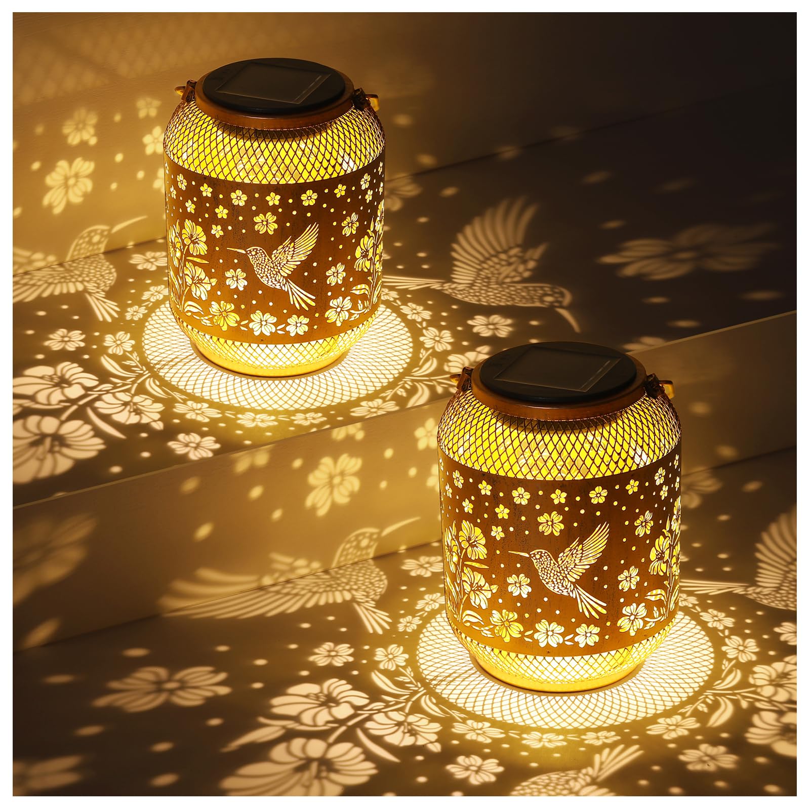 2 Pack Solar Lanterns Outdoor Waterproof Hummingbird Garden Decor Birthday Gifts for Women Mom Grandma Hanging Solar Lights Metal Decoration Outside for Yard, Patio, Backyard, Porch, Pathway