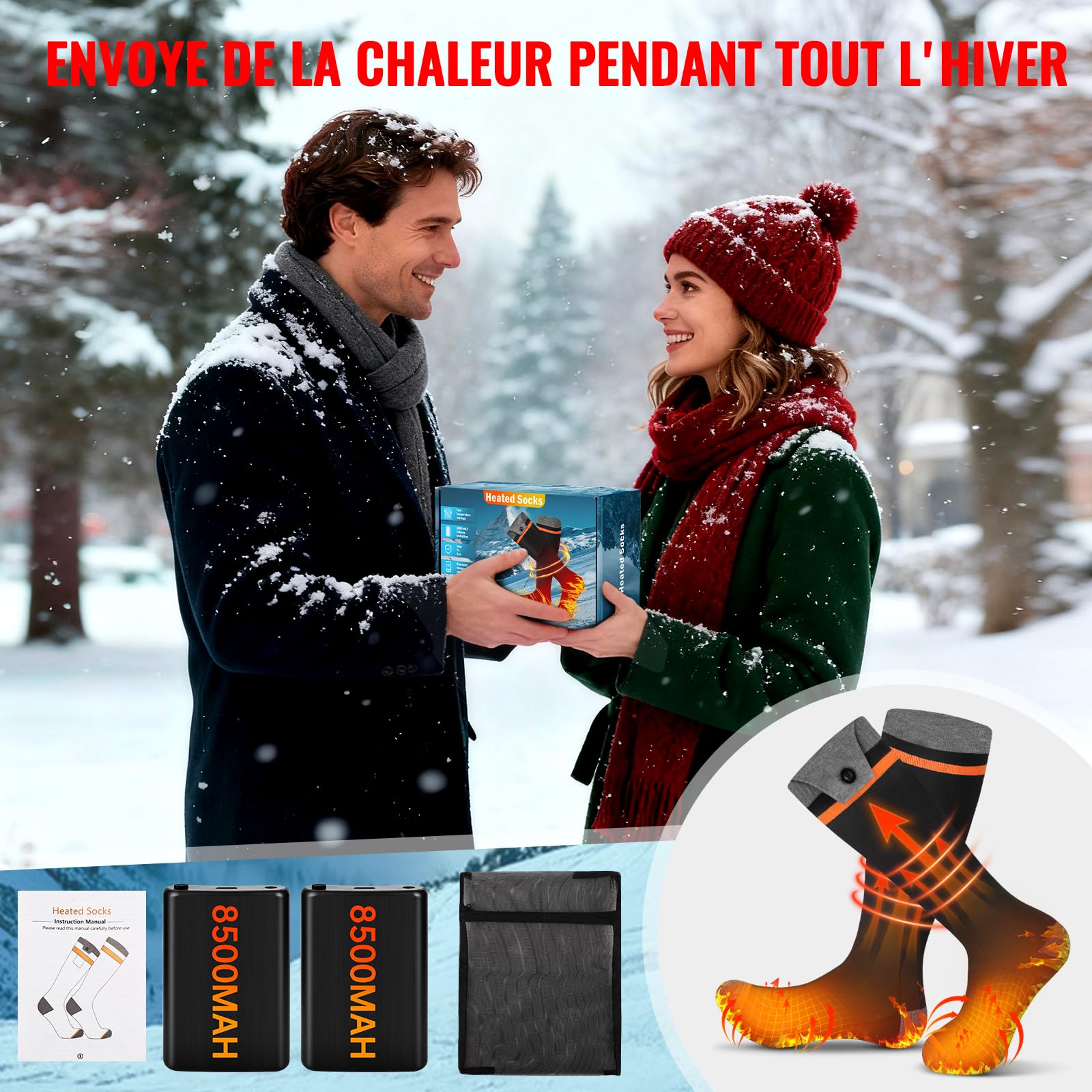 Chaussettes Chauffantes Électriques avec Batterie 8500mAh, Télécommande APP, 70°C, pour Ski Camping Cyclisme