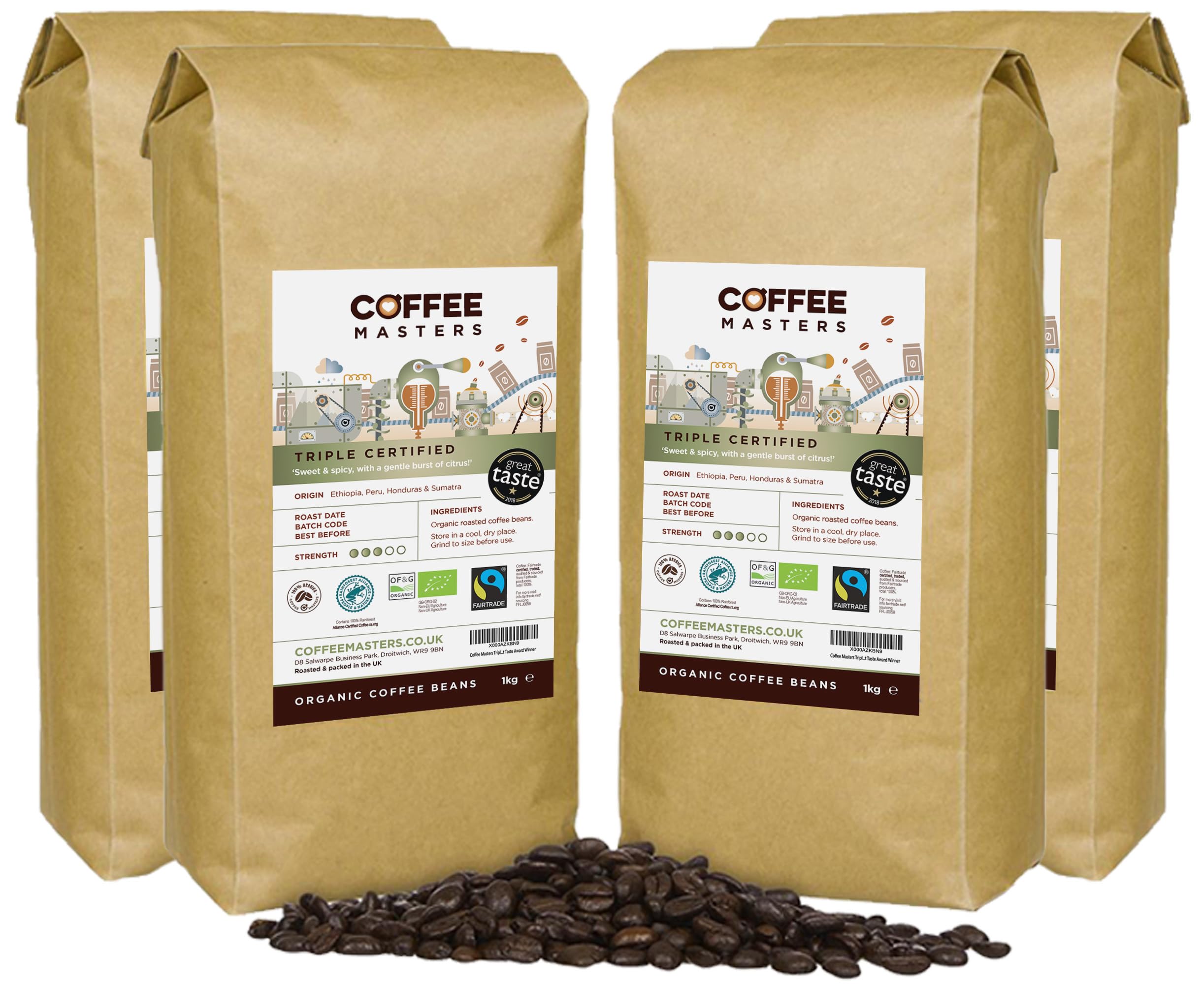 Triple Certified Arabica Coffee Beans 4x1kg - Fairtrade Organic Blend - Medium Roast Whole Bean, Ideal for Espresso Machines - The Great Taste Award Winner