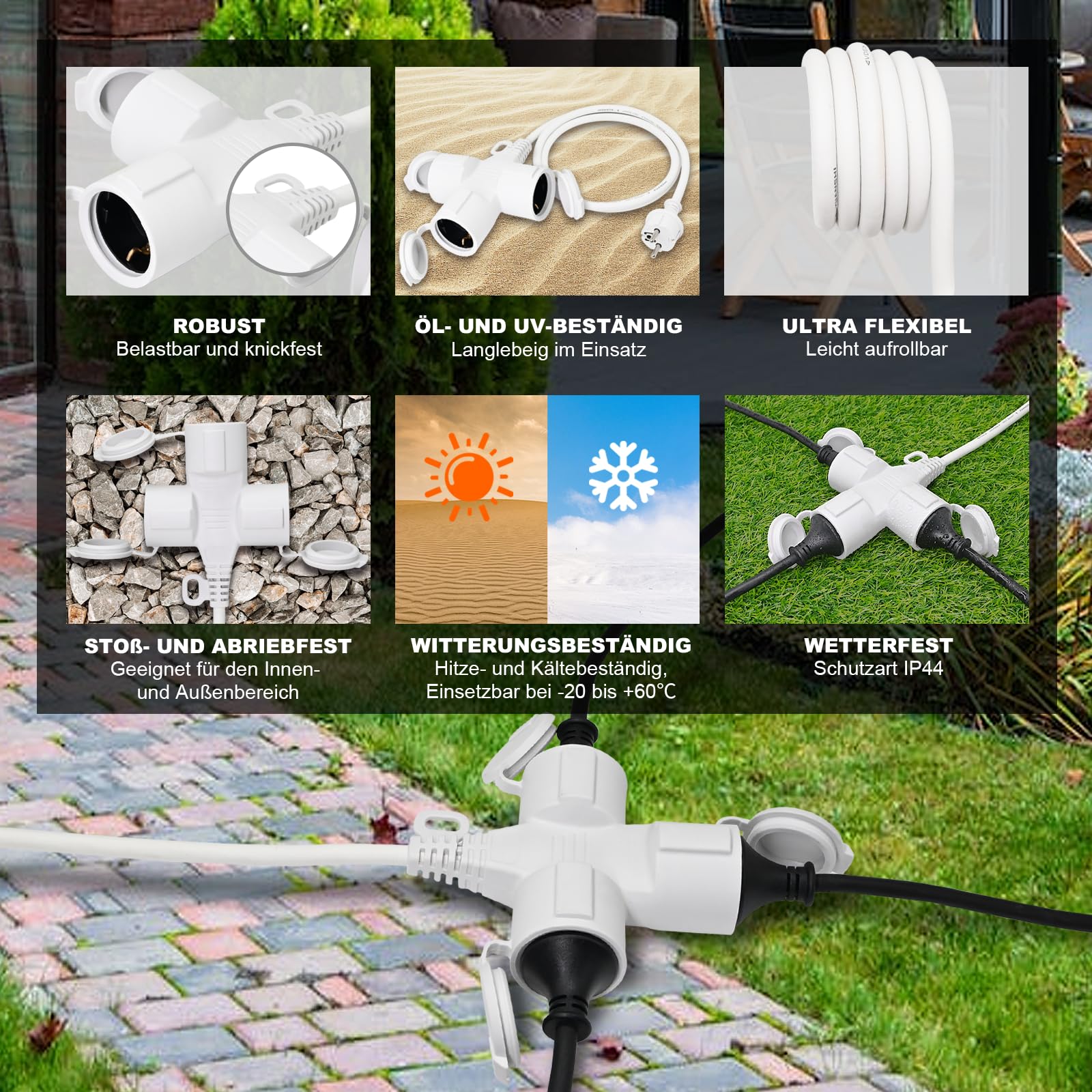 XUANSHI Cable alargador exterior de 7 m con 3 enchufes Schuko, 3 alargadores, IP44 para exteriores, cable de goma exterior de 1,5 mm², distribuidor de 3 compartimentos con tapa protectora, 3500 W