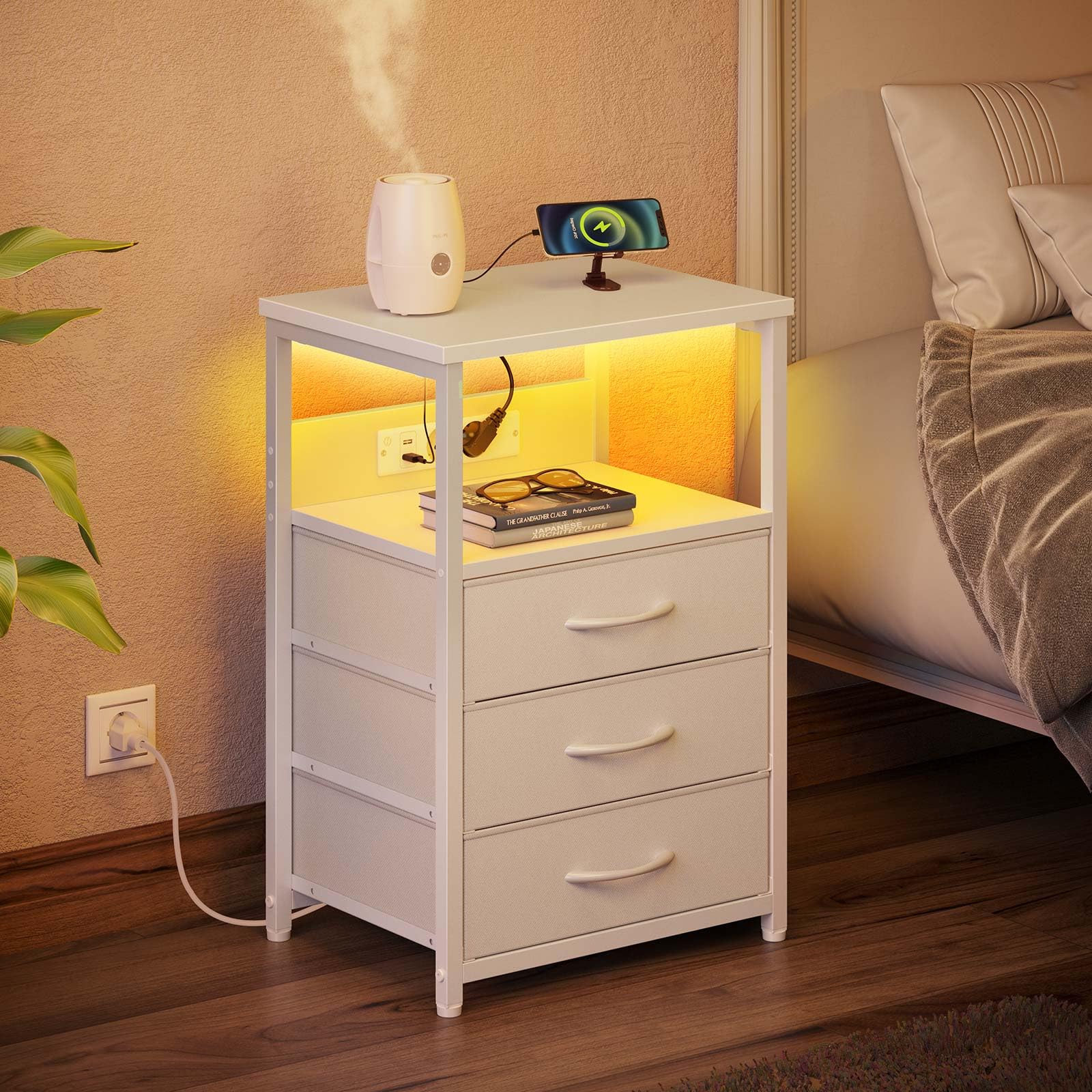 Rolanstar Chevet avec Chargeur, LED Intégrée, 2 Tiroirs en Tissu et 3 Niveaux de Rangement, Table de Nuit Moderne pour Chambre à Coucher, Blanc