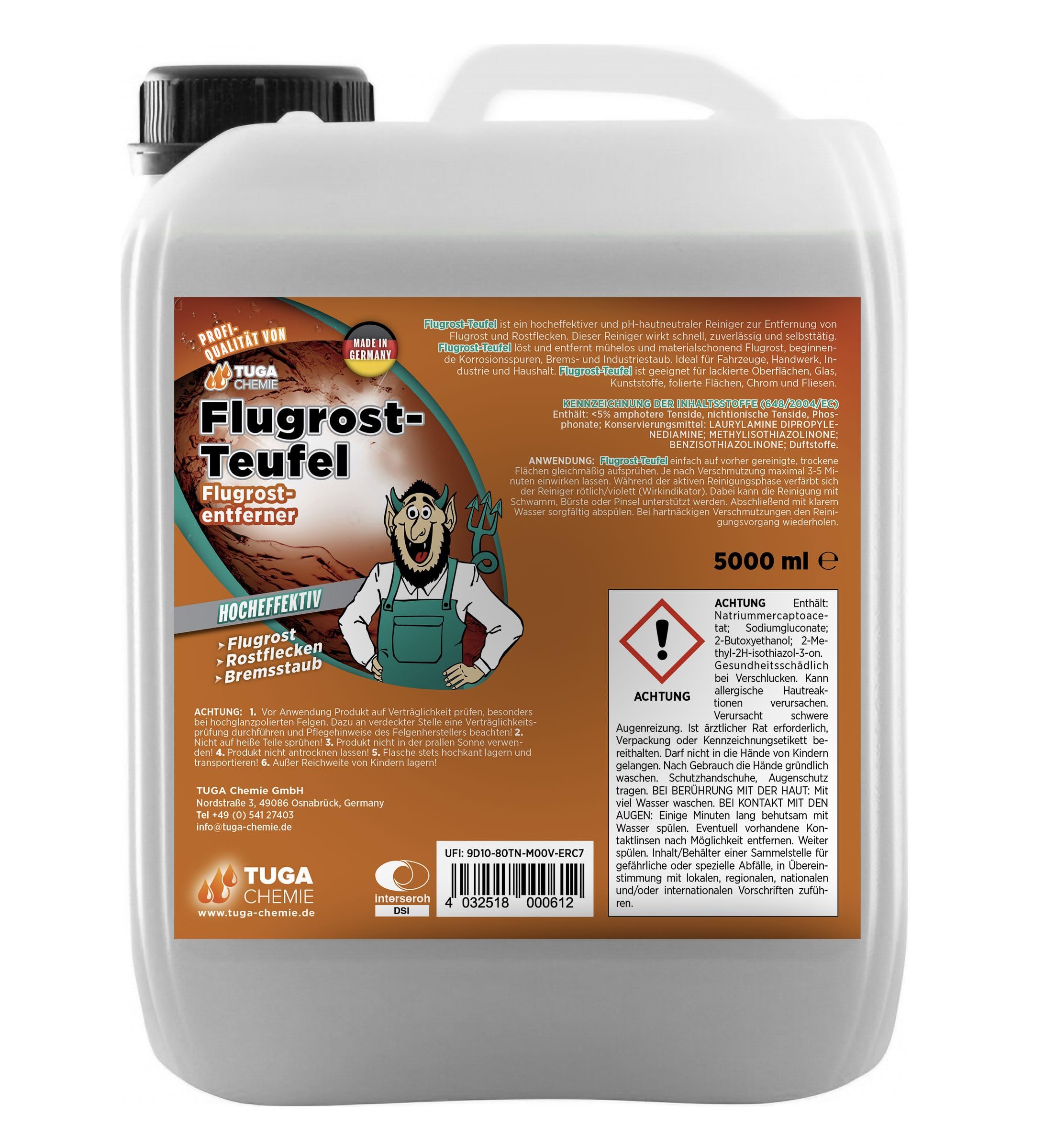 TUGA Chemie Flugrost-Teufel Flugrostentferner pH hautneutral, 5 L Kanister | für Lack, Chrom & Felgen, pH-hautneutral, mit Wirkindikator, Made in Germany