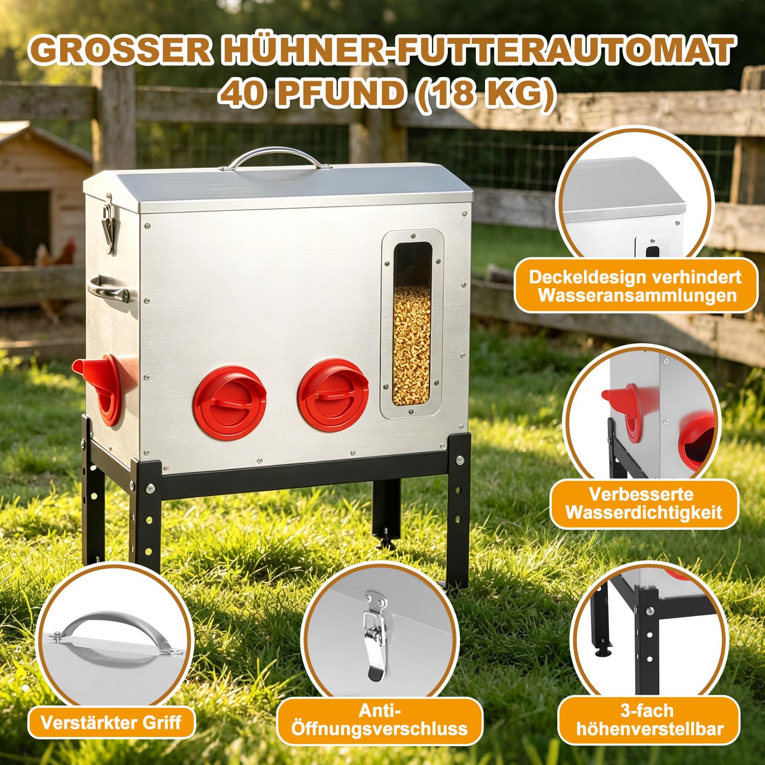 Automatyczny karmnik dla kur, 18 kg, z 6 otworami do jedzenia, z