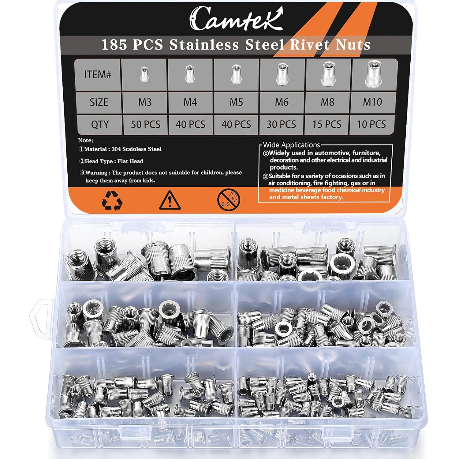 185 PCS Stainless Steel Rivet Nut Set, Camtek 304 Stainless Steel Rivet ...