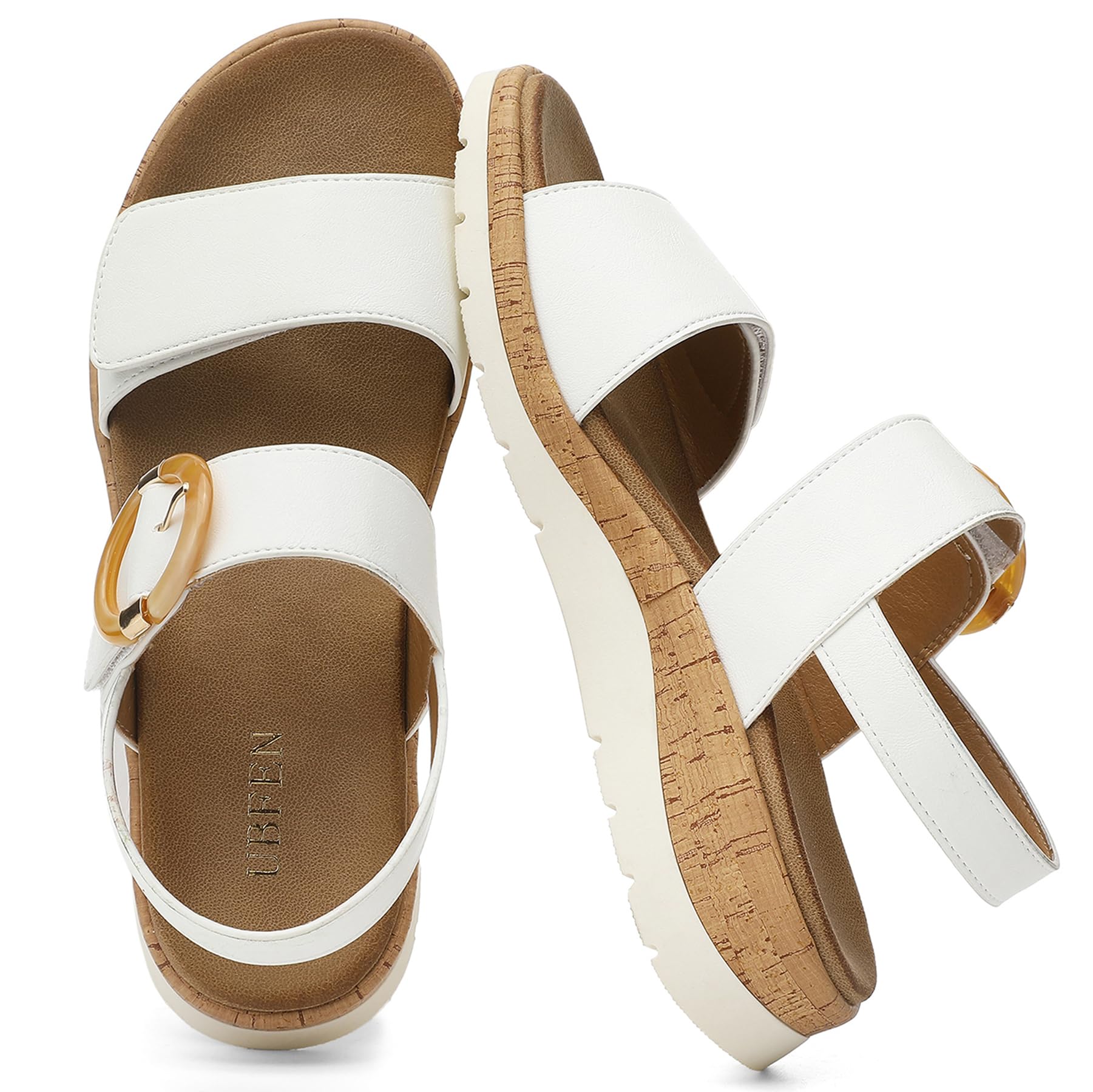 UBFEN Womens Flat Sandals Arch Support Open Toe Walking Comfy Casual Low Wedge Summer Shoes White Size 10