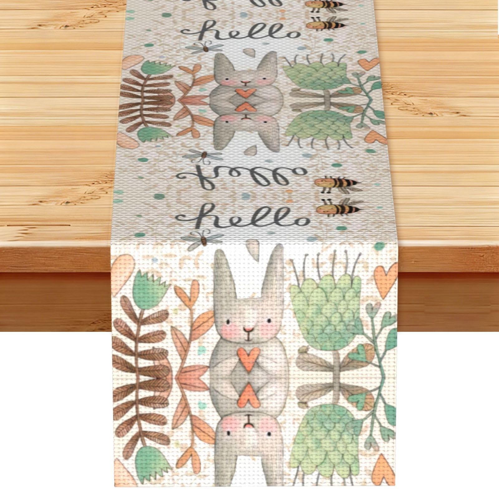 Cute Rabbit Butterfly and Bee Flowers Linen Feel Table Runner Wedding Party Home Decoration