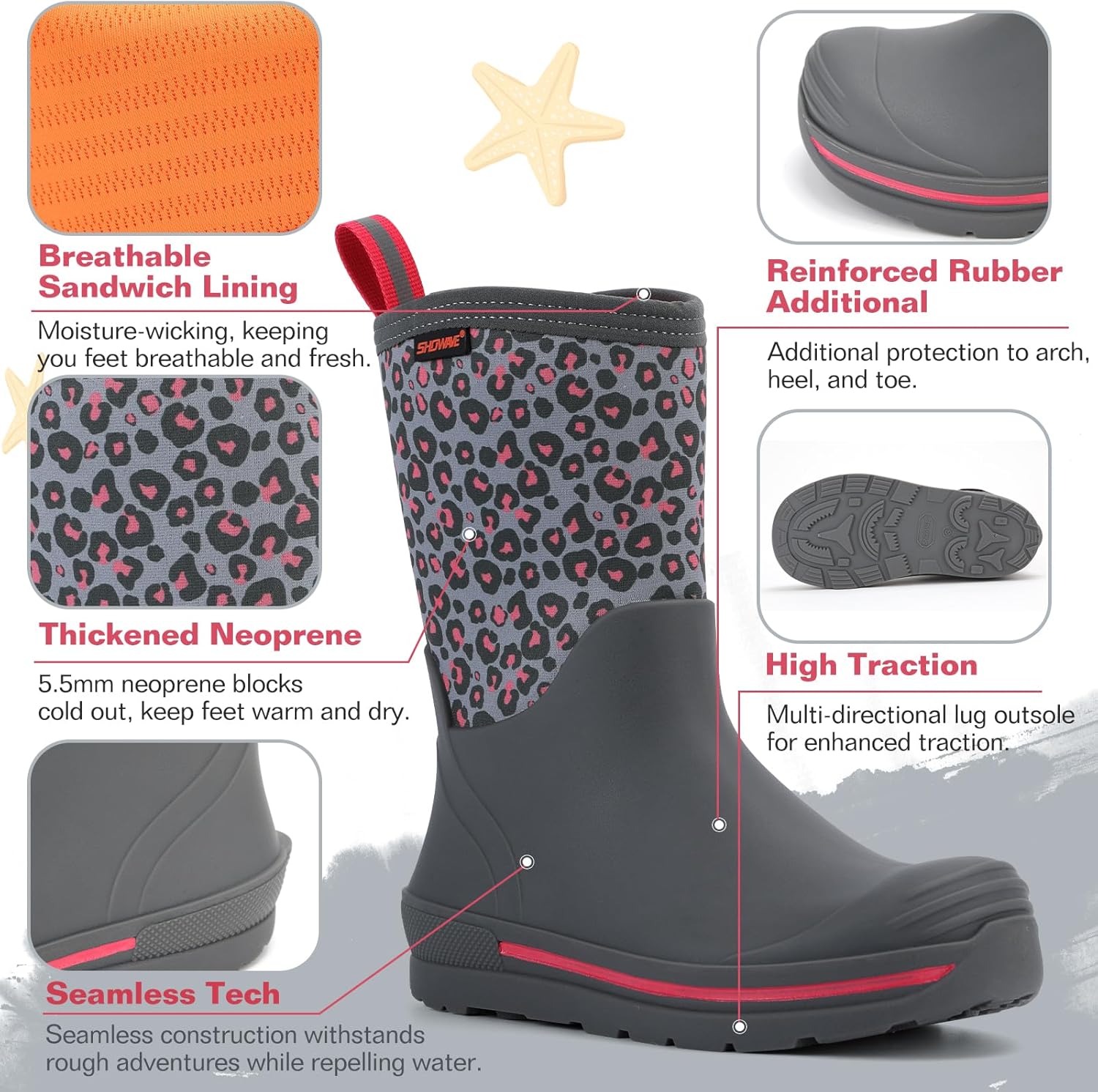 Showave Kid's Rain Boots Waterproof Rubber Mud Boot Boys Girls Insulated Durable Neoprene Outdoor Boots All Seasons