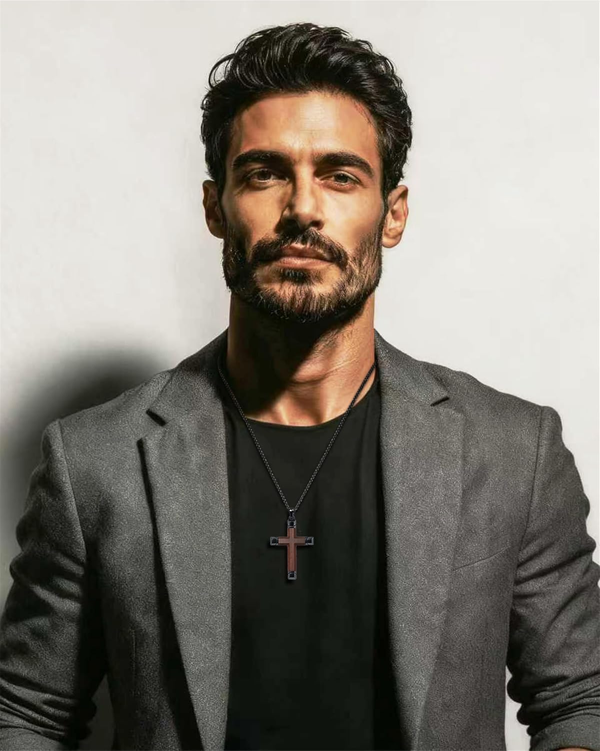 Wooden Cross Necklace for Men, Brown Ebony Masculine Mens Cross Necklaces Christian Black Stainless Steel Wood Crucifix Pendant, Includes 24" Box Chain - Image 7