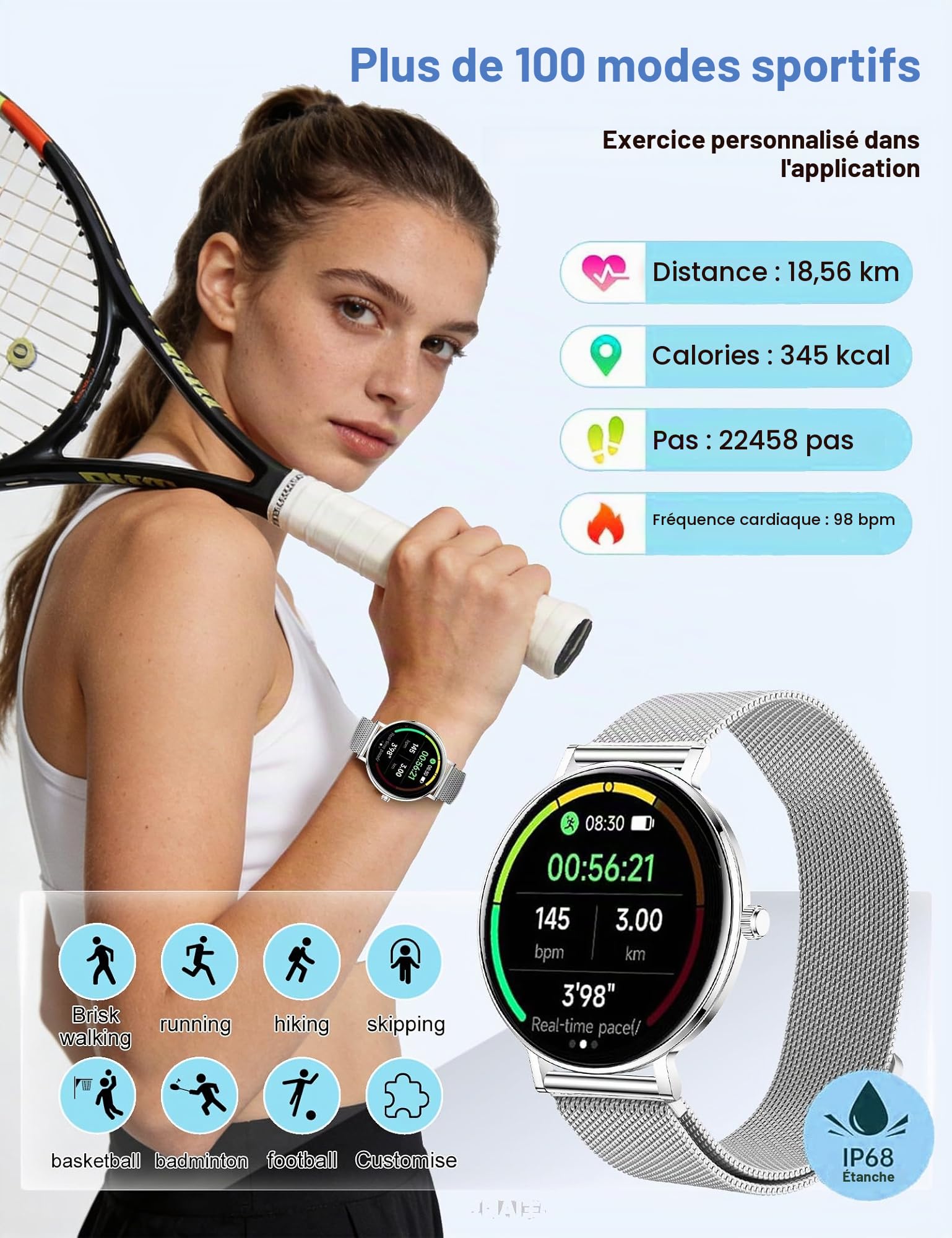 Montre Connectée Femme Homme Ultra-Fine 8 mm, 1.32" AMOLED Smartwatch avec Appel BLE5.3, Autonomie 7 Jours, Suivi Santé&Sommeil, Assistant Vocal, IP68 Étanche Fitness Podomètre pour Android iOS