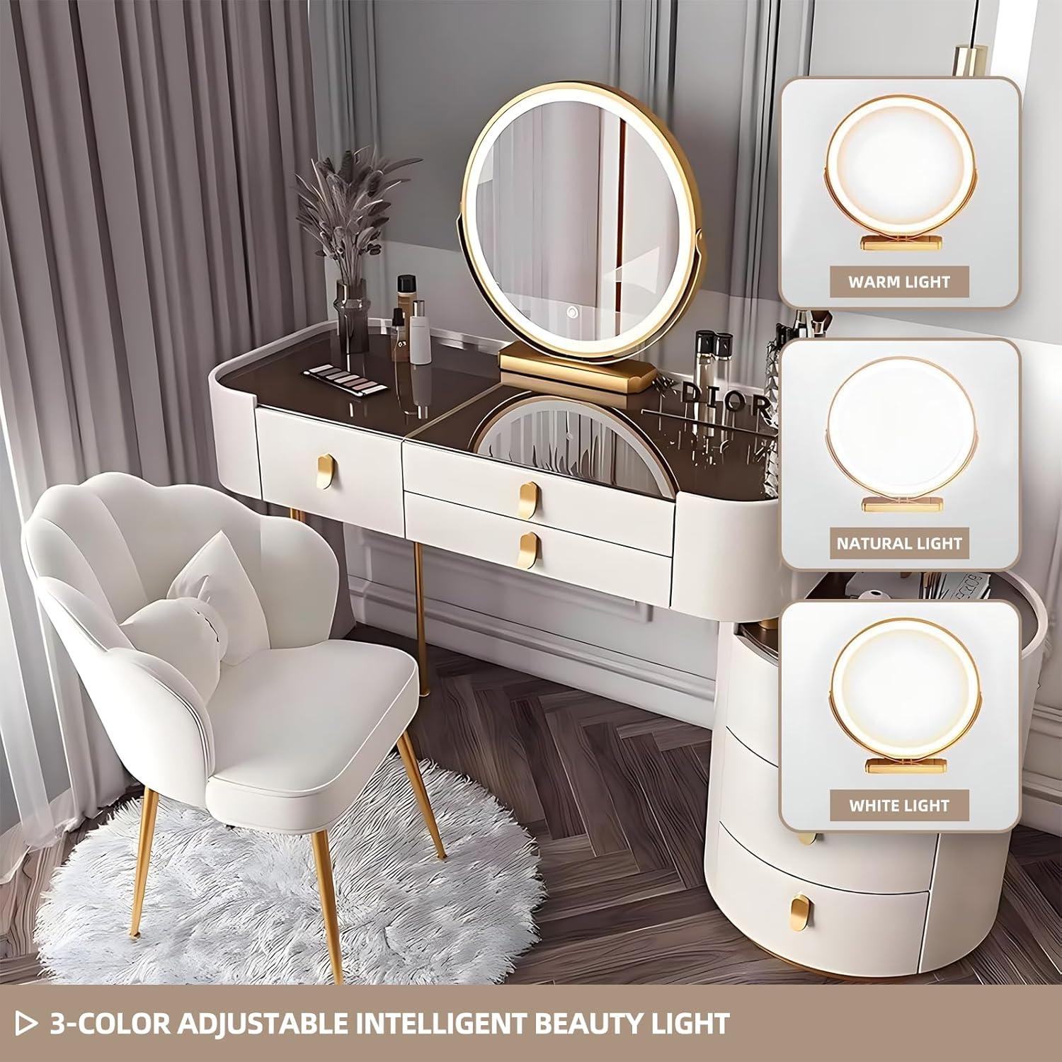 Vanity Table, Solid Wood Makeup Vanity Smart Mirror Includes Glass Top & Makeup Chair, Modern Vanities Desk with Storage Drawers, Home Furniture Vanities for Bedroom, Gifts for Her (White,48IN) 48" White-3d