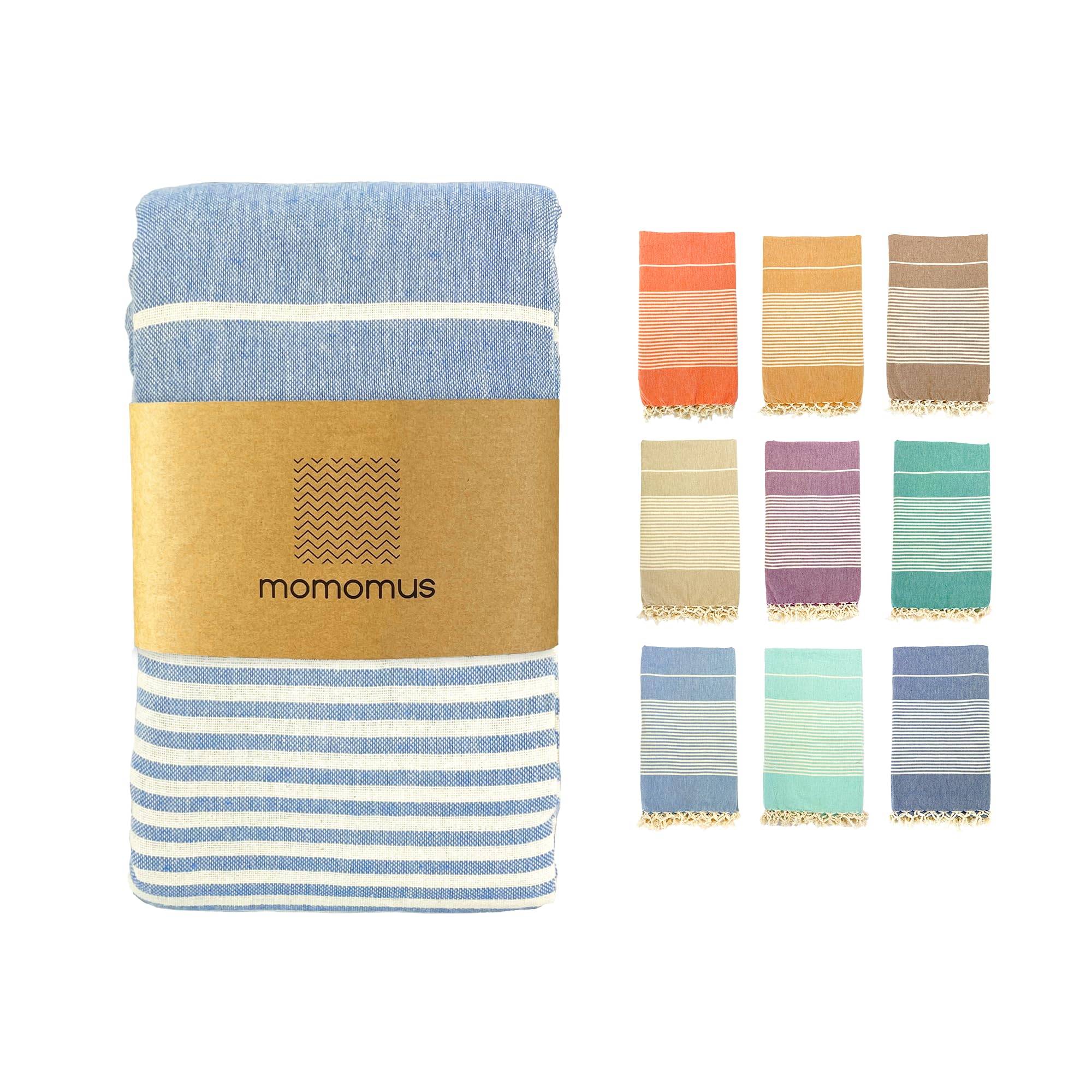 MOMOMUS Fouta Playa XXL, con Flecos y 100% Algodón – Ideal como Toalla de Playa Grande Antiarena, Manta de Picnic sin Arena, Pareo Gigante o Alfombra de Piscina – Celeste, 210x240 cm