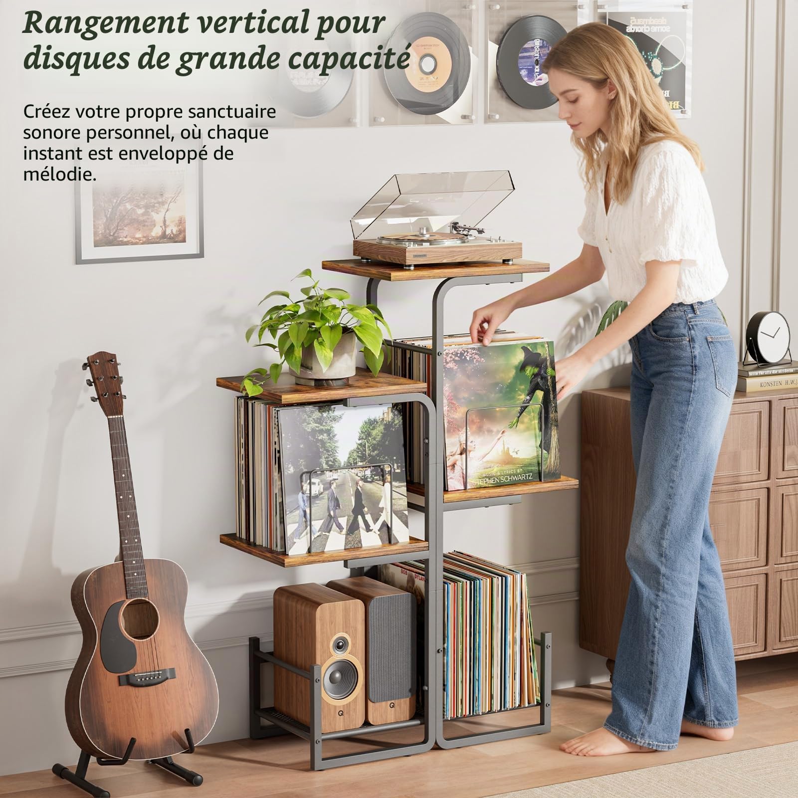 Bikoney Meuble Tourne-Disque Style Vintage avec Grand Rangement Vinyles, Support Platine Vinyle Inspiré Jardinière, Étagère LP et Présentoir Albums pour Salon, Chambre et Petits Espaces