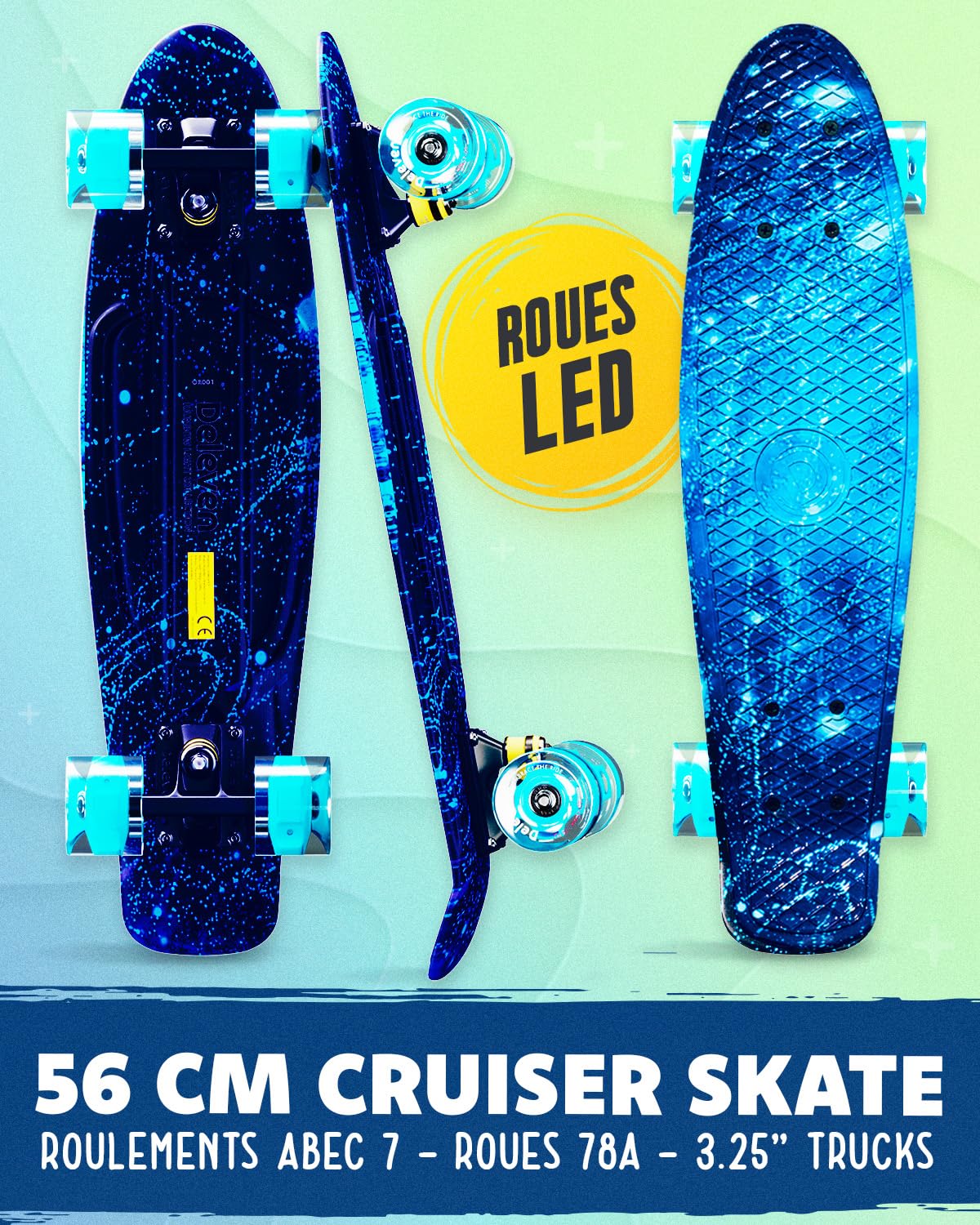Deleven Skateboard 56cm avec Roues LED, Outil de Skate et Roulements ABEC 7 - pour Enfants Débutants Filles Garçons Adolescents Adultes