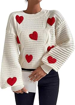 Verdusa Women's Heart Print Drop Shoulder Crew Neck Long
