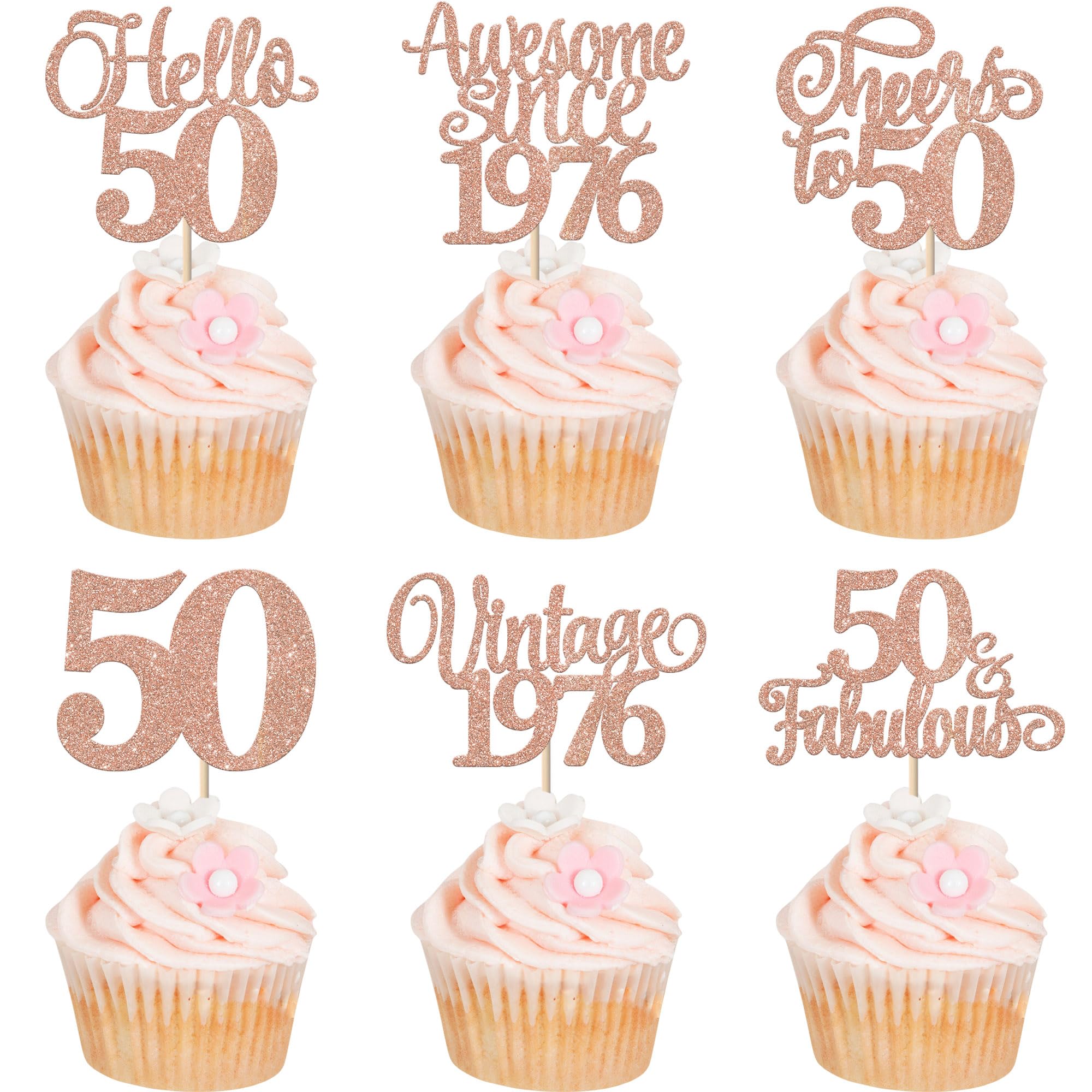 Xsstarmi 24 Pack Vintage 1976 Cupcake Toppers Rose Gold Hello 50 Fabulous Cupcake Picks Cheers to 50 Years Birthday Cake Decorations for Happy 50th Birthday Anniversary Party Supplies โ image 1