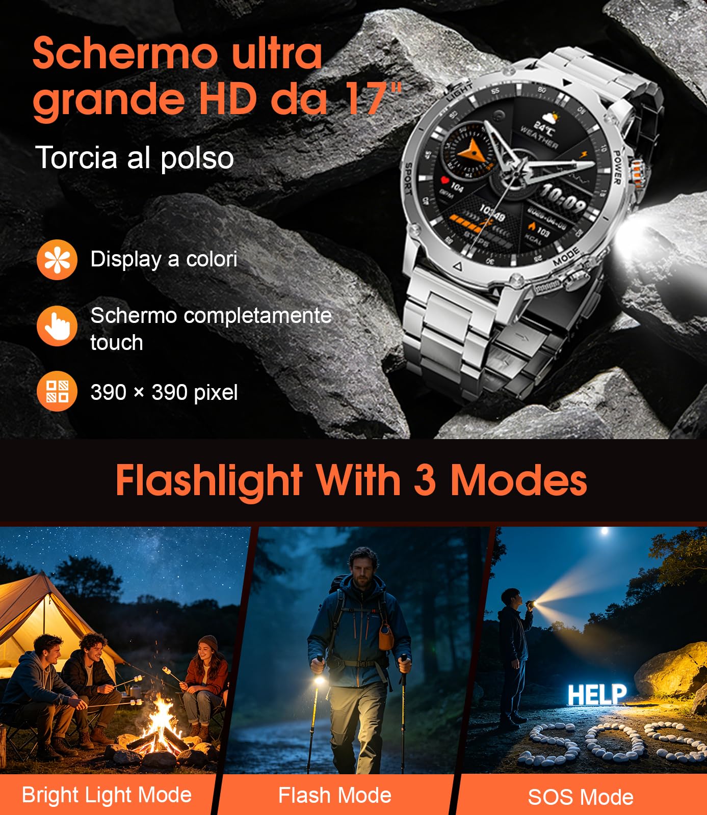 LIGE Smartwatch Uomo 1400mAh Batteria Lunga,1.7" Smart Watch Militare con Torcia LED,Chiamata Bluetooth,120+ Sport,5ATM Impermeabile,Frequenza Cardiaca,Android iOS,2 Caricabatterie, EF26-D