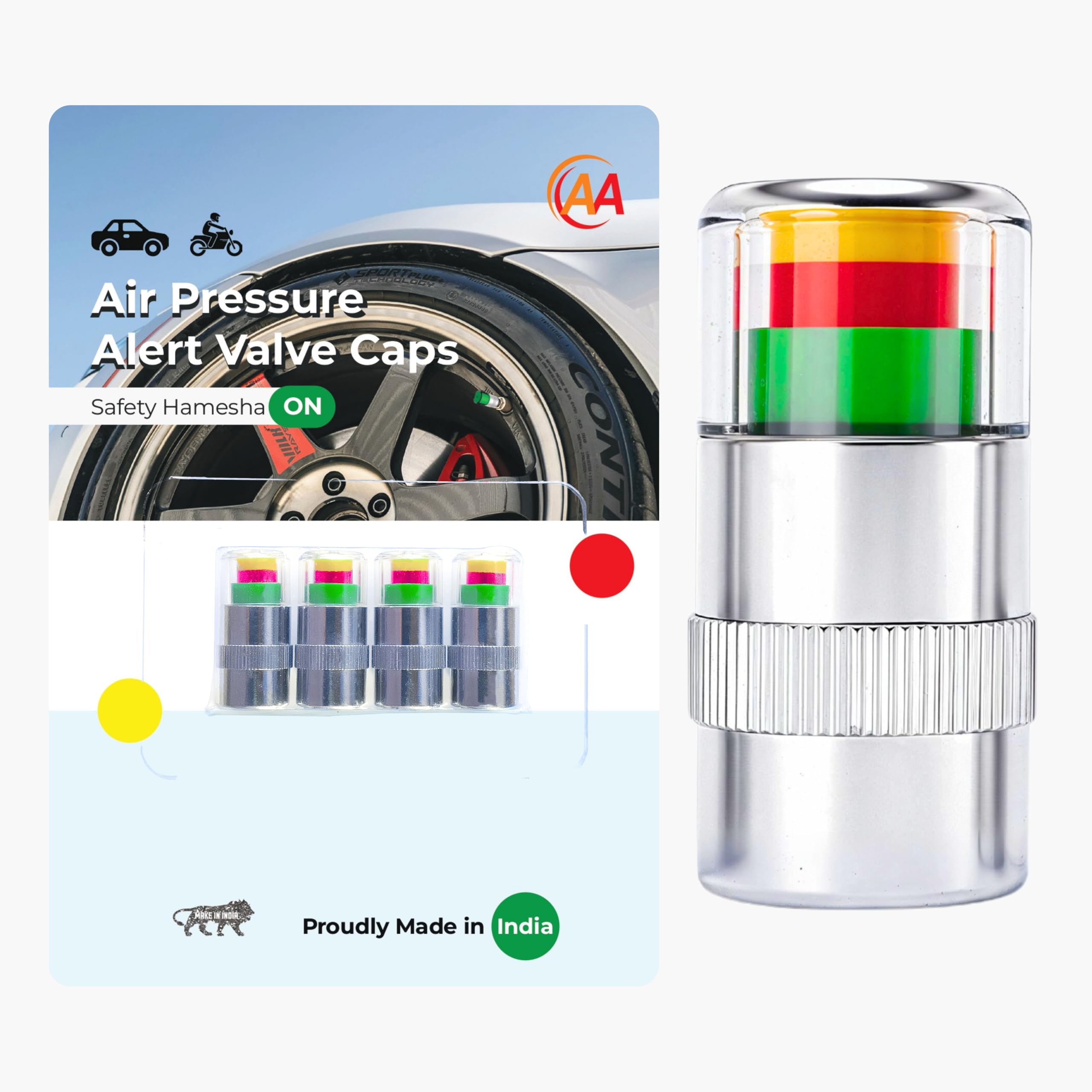 AA Tyre Air Pressure Alert Valve Caps, 4-Caps, Color Coded Indicators, 28-36 PSI Range, for Cars and Motorcycles-image-3