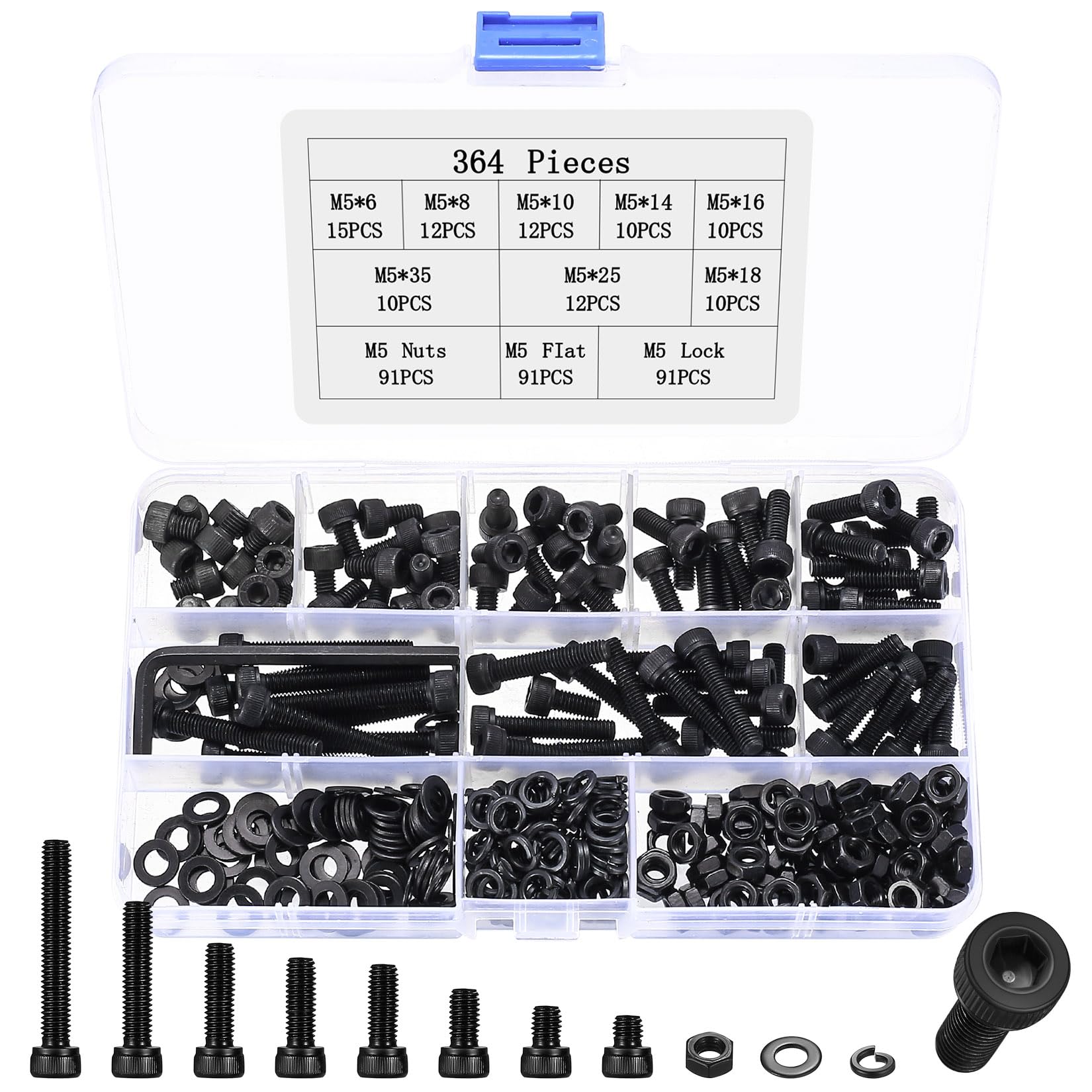 364 Pcs M5 Bolts and Nuts Set, Cylinder Hex Socket Head Cap Screws Set, Black Assorted Machine Screws Nuts and Bolts Sets with Lock & Flat Washers Assortment Kit