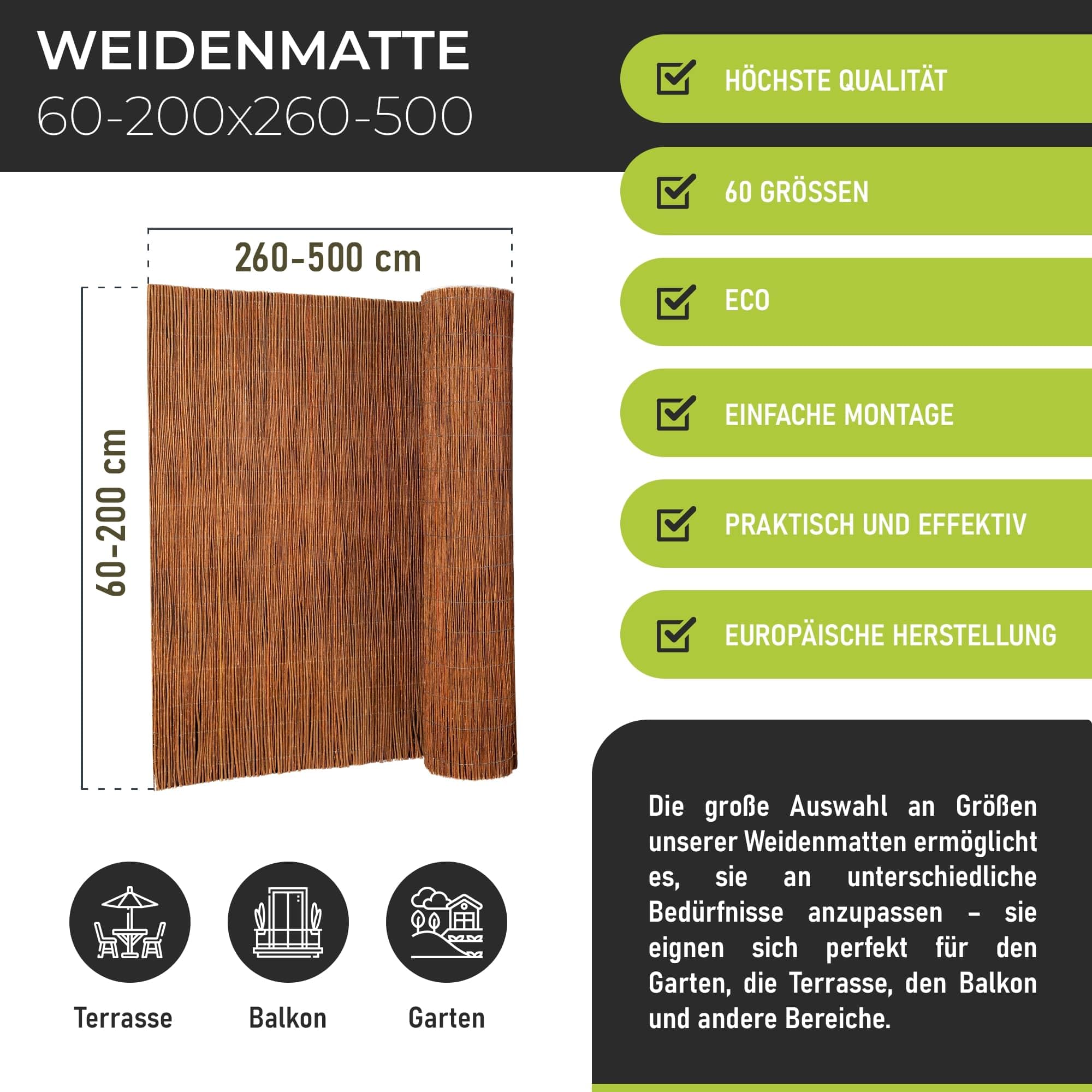 Weidenmatte 90 x 500 cm - natürlicher Sichtschutz für Garten, Balkon und Terrasse, Sichtschutzzaun in 60 Größen, Sichtschutzmatte Gartenzaun - Windschutz & Sonnenschutz