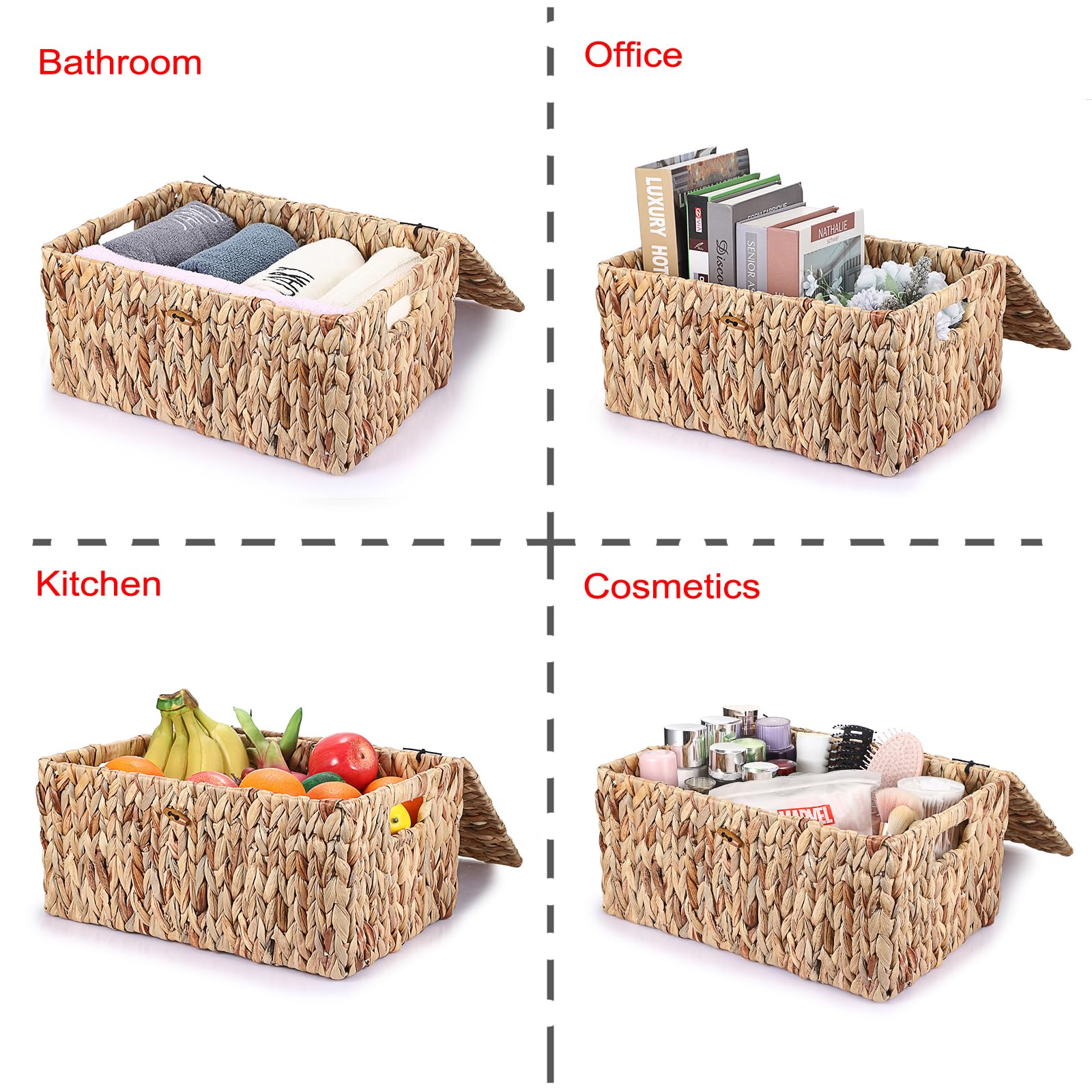 TOLIDA Natuurlijke opbergmand van waterhyacint, zeegras, geweven waterdichte opbergkist met deksel, voor in de woonkamer, keuken, kledingkast voor kleding, boeken, groenten, fruit, cosmetica, 40 x 28