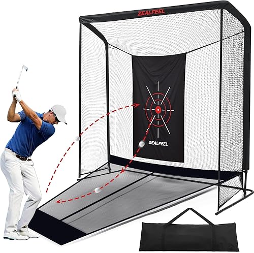 Golf Net, 10x7ft/8x8ft Golf Enclosure Net with Side Barriers/Auto-Ball Return, Low-Noise Target, Carry Bag, 4 Stakes, Hitting Practice Net for