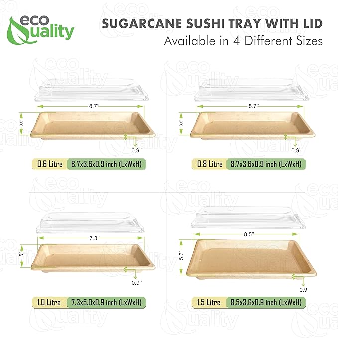 EcoQuality Bandejas de Sushi Compostables Grandes con Tapas miniatura 7