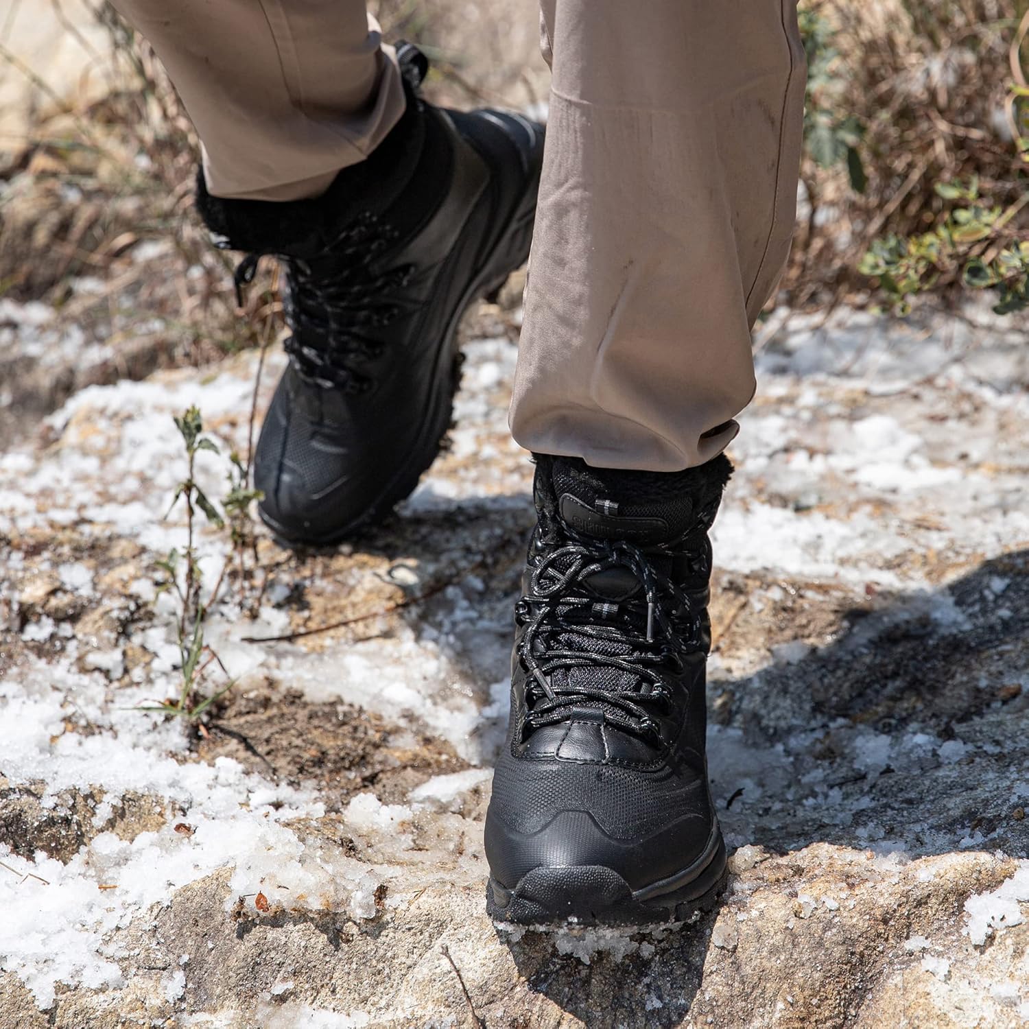 Miniatura 7 de Botas de nieve de invierno para hombre, impermeables, con forro de piel, cálidas botas de senderismo para exteriores, antideslizantes, ligeras, de