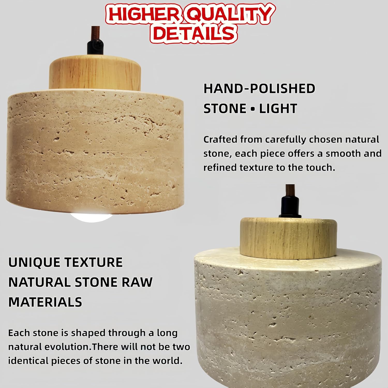 Wabi Sabi Natural Stone and Wood Pendant Light,4.7Inch Small Hanging Pendant Lamp,Modern Vintage Rustic Minimalist Fixture for Bedroom, Dining Room, Kitchen Island, Cafe, Hallway (Wood Color, PCS, 2)