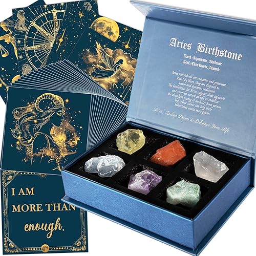 Faivykyd Crystals Aries Gifts for Women - 50 Positive Affirmations Cards & 6 Healing Natural Stones, Inspirational Spiritual Zodiac Set, Unique Birthday Gift for Women