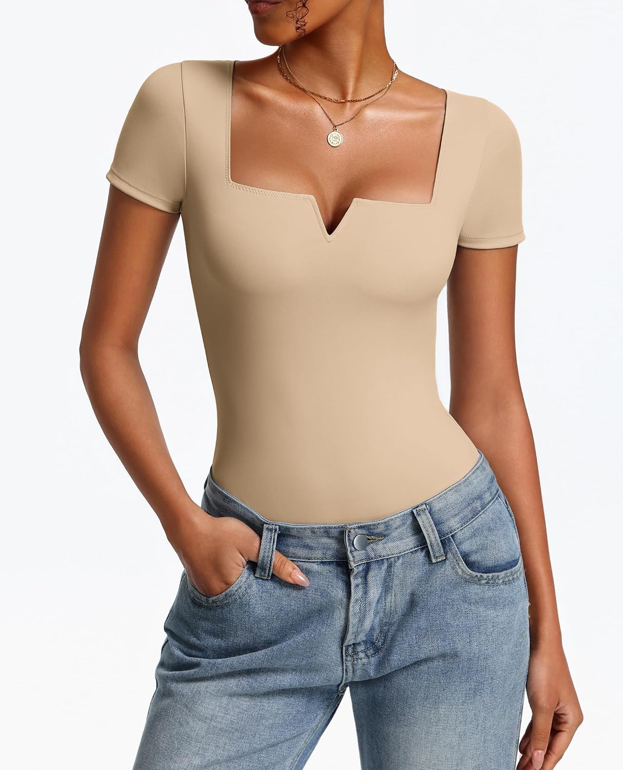 Avidlove Bodysuits for Womens Short Sleeve Square Neck Body suits Sexy V Neck T Shirt Summer Going Out Tops